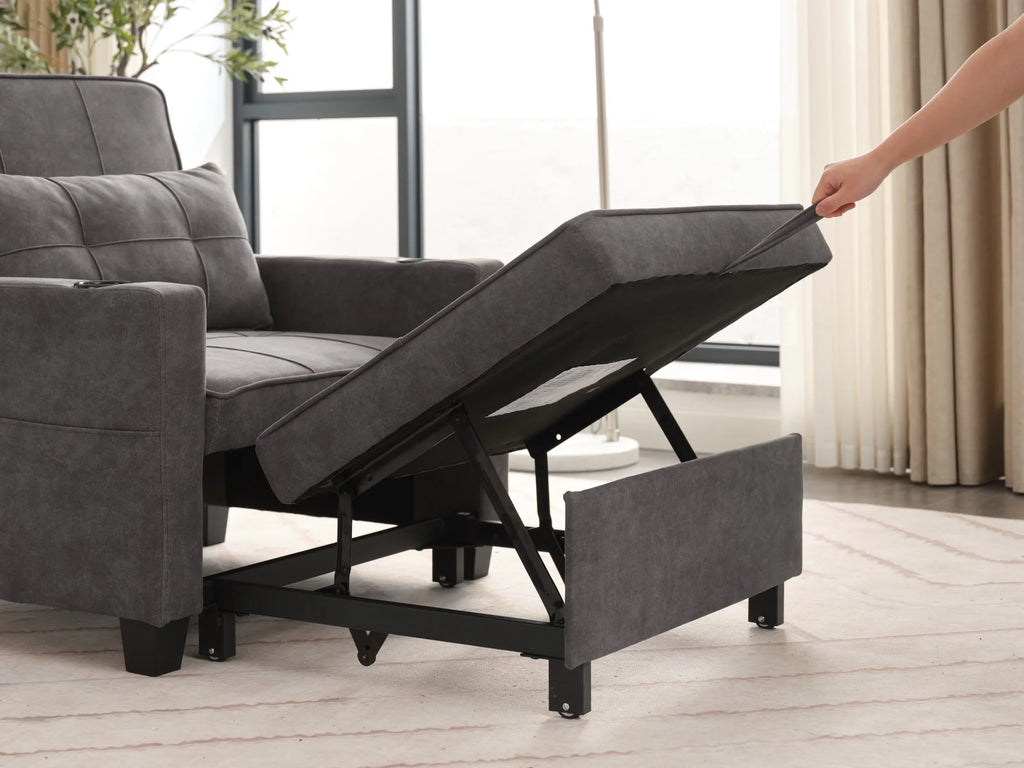 Convertible Futon Sofa Bed. 3-in-1 Multi-Functional Sleeper Chair Bed with USB Ports. Adjustable Backrest Recliner.for Living Room Bedroom Small Space. Tech Cloth. Dark Grey