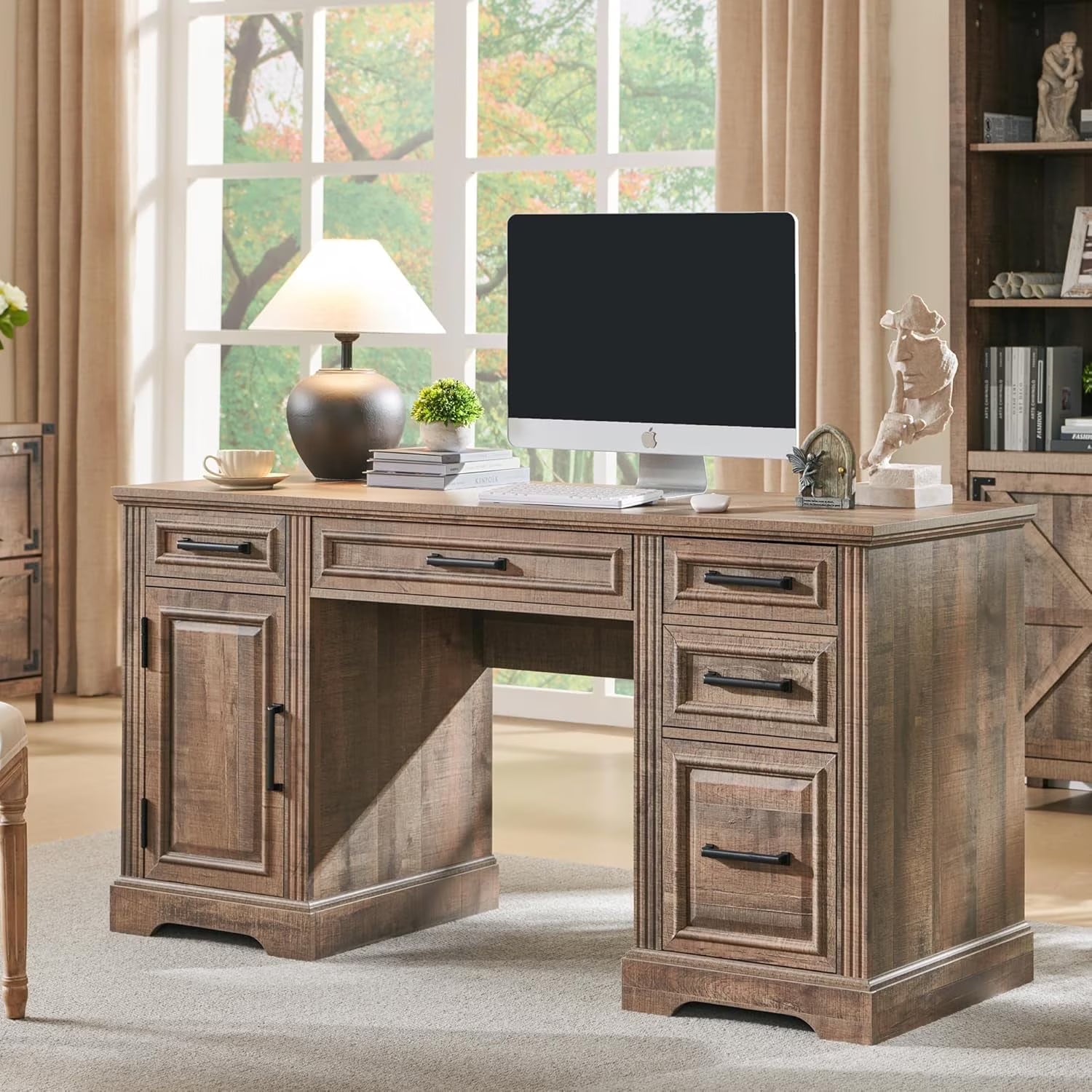 T4TREAM Farmhouse Wood 58 Executive Desk. Home Office 30 High Computer Desk with Drawers and Storage Cabinet. White