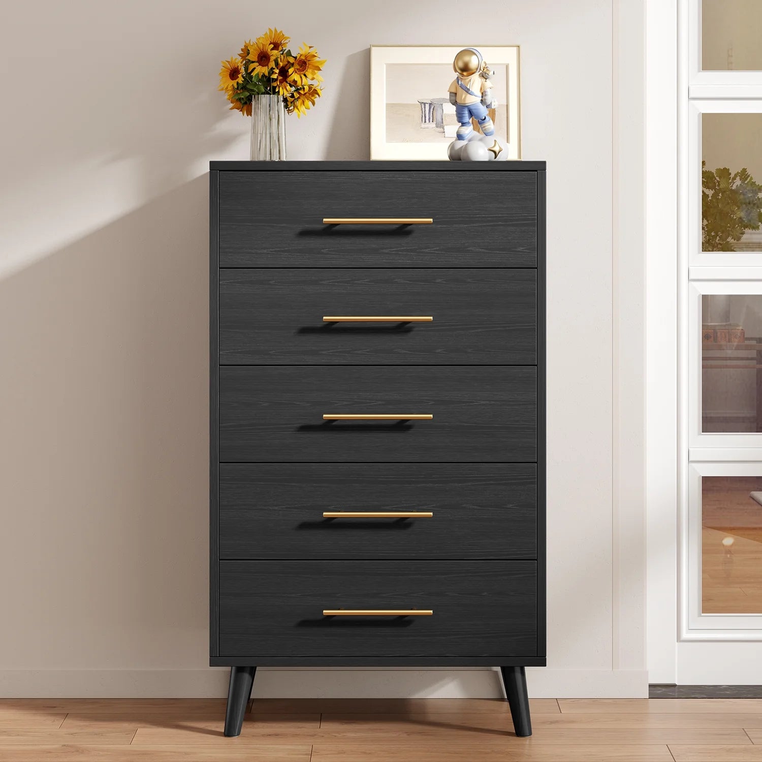 Bedroom Furniture Set - Includes Queen Bed Frame. Nightstands Set of 2. 5-Drawer Dresser & Double Wide 6-Drawer Dresser - Modern Storage Solution for Stylish Home Decor. Black
