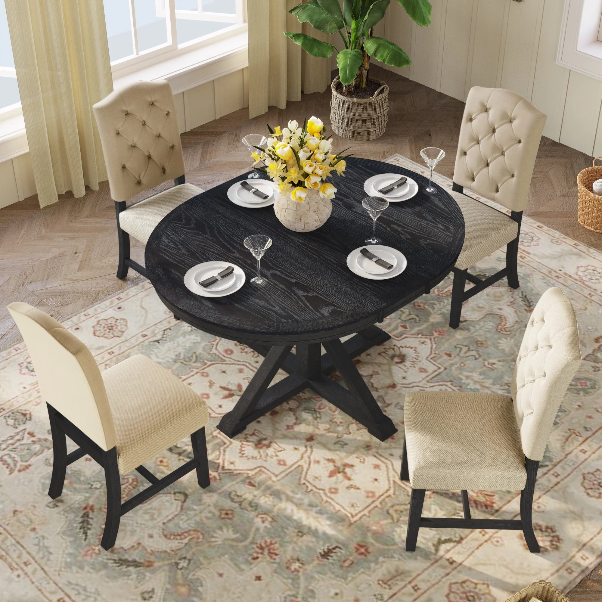 Besthome Farmhouse Extendable Round Kitchen Dining Room Table Set with Upholstered Chairs of 4. 5 Piece Round Dining Table Set with Extendable Table. Espresso
