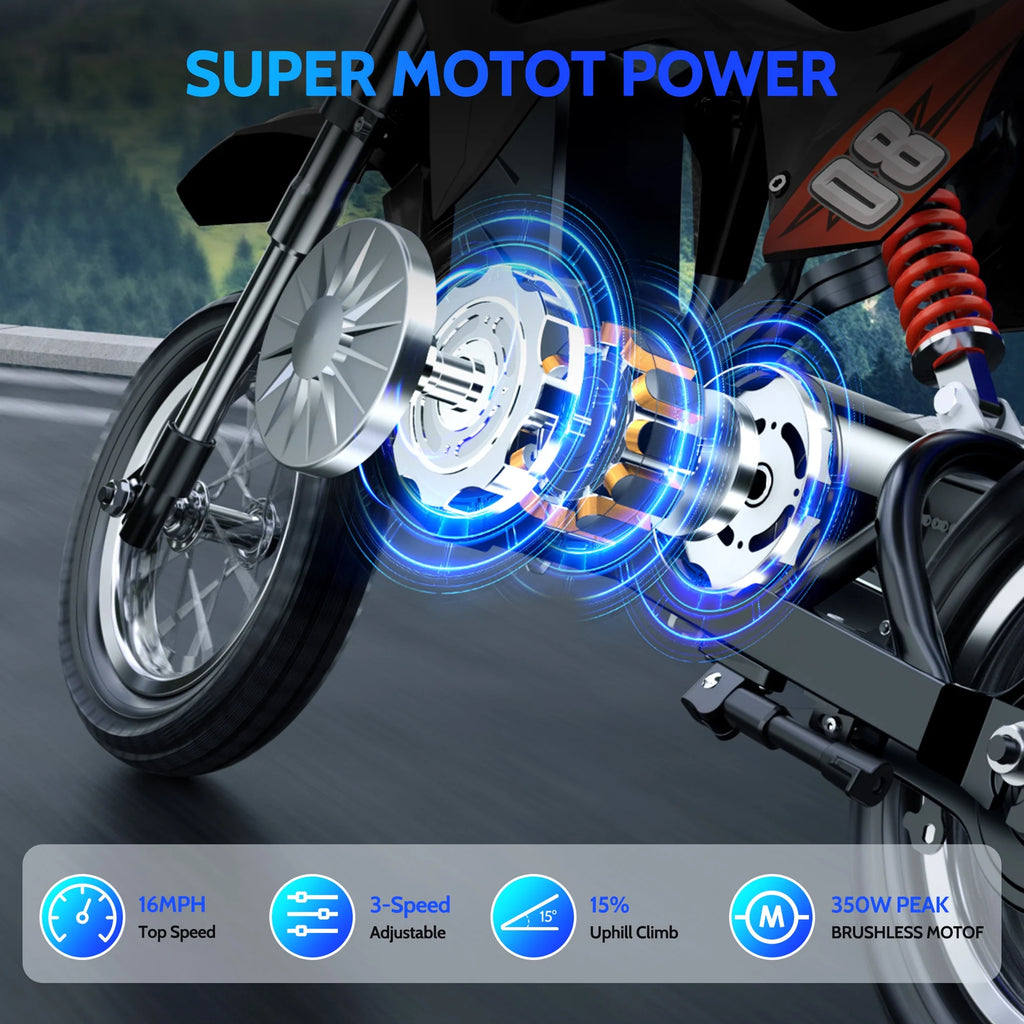 36V Kids Electric Dirt Bike.Fast Speed Electric Motorcycle Up to 16 MPH & 10 Miles Long-Range. 3-Speed Modes. Twist Grip Throttle. Dual Suspension & Brakes for Kids Ages 5-10 Ride on Toys