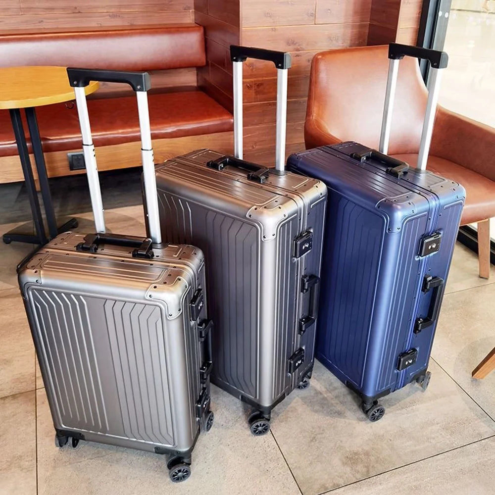 All Aluminum Magnesium Hardshell Carry on Luggage with Wheels. Modern Zipperless Hardshell Checked Luggage with TSA Lock. Airline Approved Metal Suitcase Travel Metal Rolling Luggage