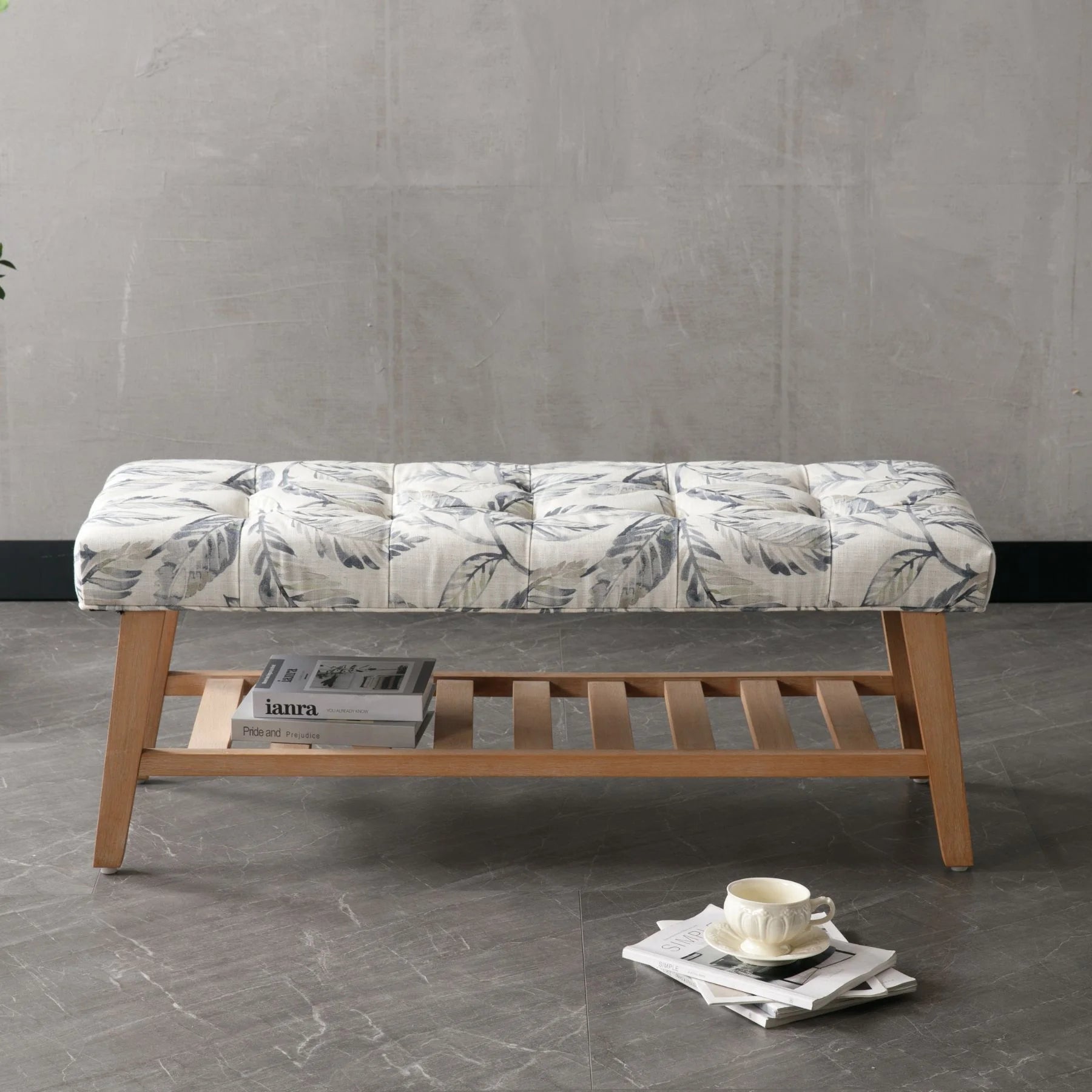 Dayalane Upholstered Storage Bench with Shoe Rack.Linen Fabric Entryway Bench for Living Room. Bedroom and Hallway. Multi Functional Ottoman with Solid Wood Shelf. Beige