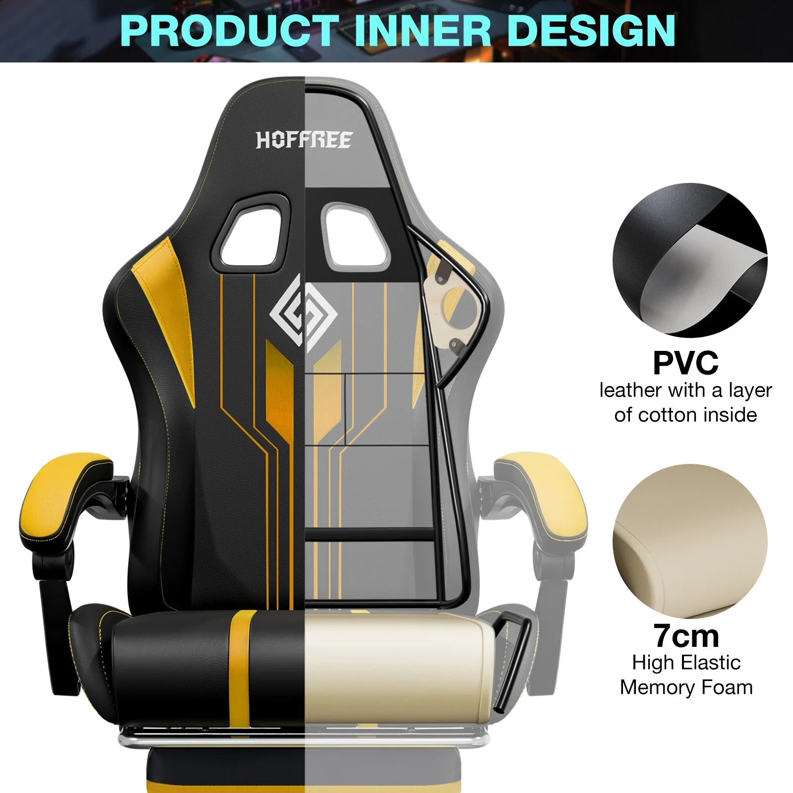 HOFFREE Big and Tall Gaming Chair with Speakers and RGB Lights. Gamer Chair with Footrest. Lumbar Support Height Adjustable 360-Swivel Seat and Headrest for Adults. 400lbs