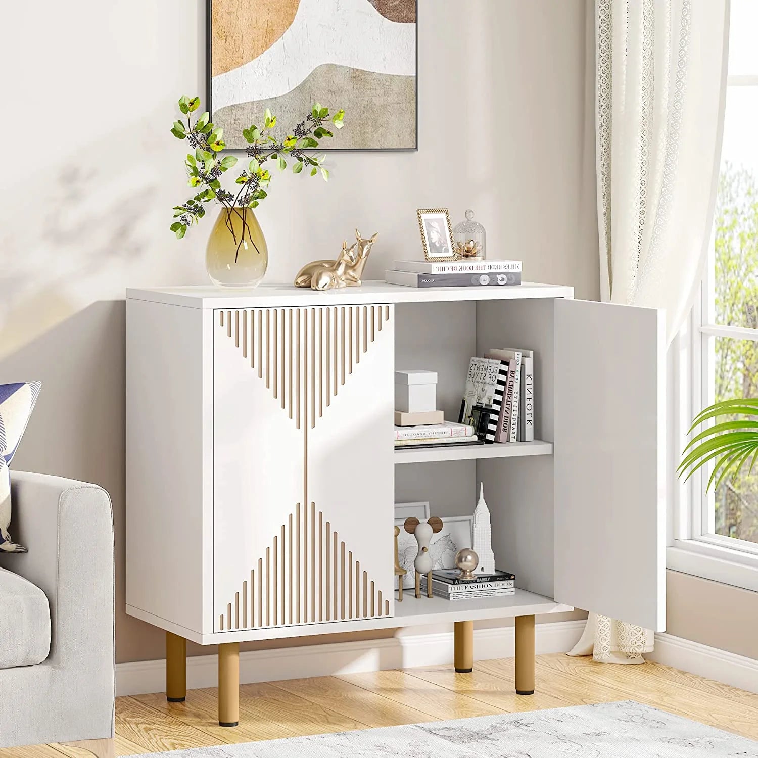 Tribesigns 59 Modern White Storage Cabinet Set. Freestanding Floor Cabinet. Wood Buffet Cabinet with Doors. Large Storage Cabinet for Living Room. Dining Room. Garage
