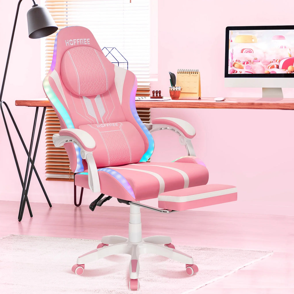 HOFFREE Big and Tall Gaming Chair with Speakers and RGB Lights. Gamer Chair with Footrest. Lumbar Support Height Adjustable 360-Swivel Seat and Headrest for Adults. 400lbs