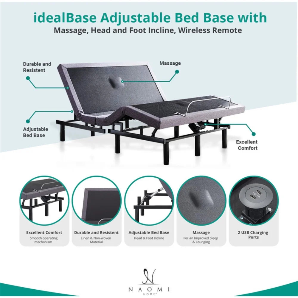IdealBase Adjustable Bed Frame Twin XL. Massaging Zero Gravity Adjustable Bed Base. Electric Adjustable Beds with 3 Speed Head & Foot Massage. Wireless Remote. 2 USB Ports. 800LBs Capacity Gray