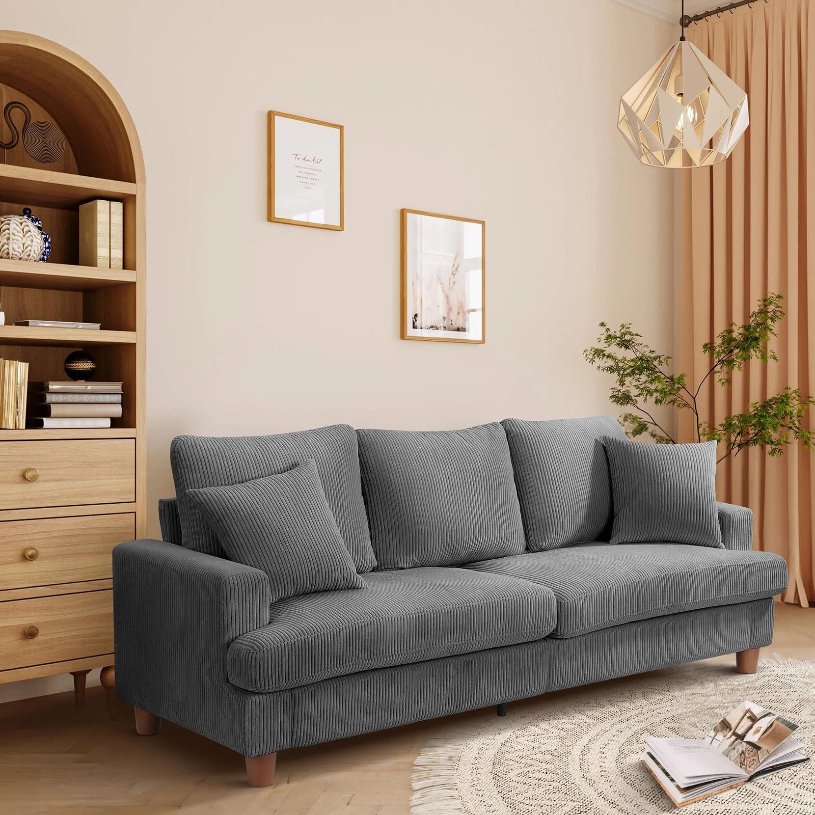 87 Corduroy Sofa.3 Seater Sofa with Extra Deep Seats.Neche Comfy Upholstered Couch for Living Room.2 Pillows.Green