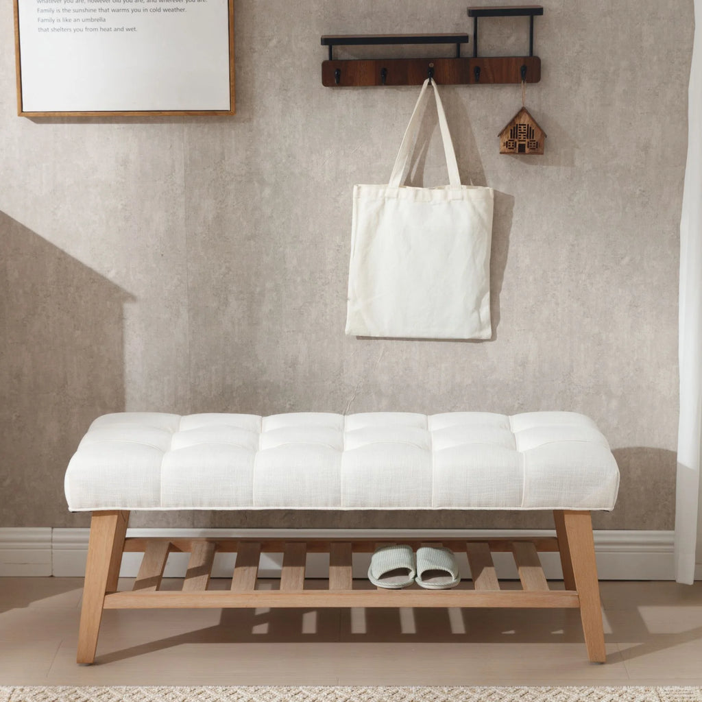 Dayalane Upholstered Storage Bench with Shoe Rack.Linen Fabric Entryway Bench for Living Room. Bedroom and Hallway. Multi Functional Ottoman with Solid Wood Shelf. Beige