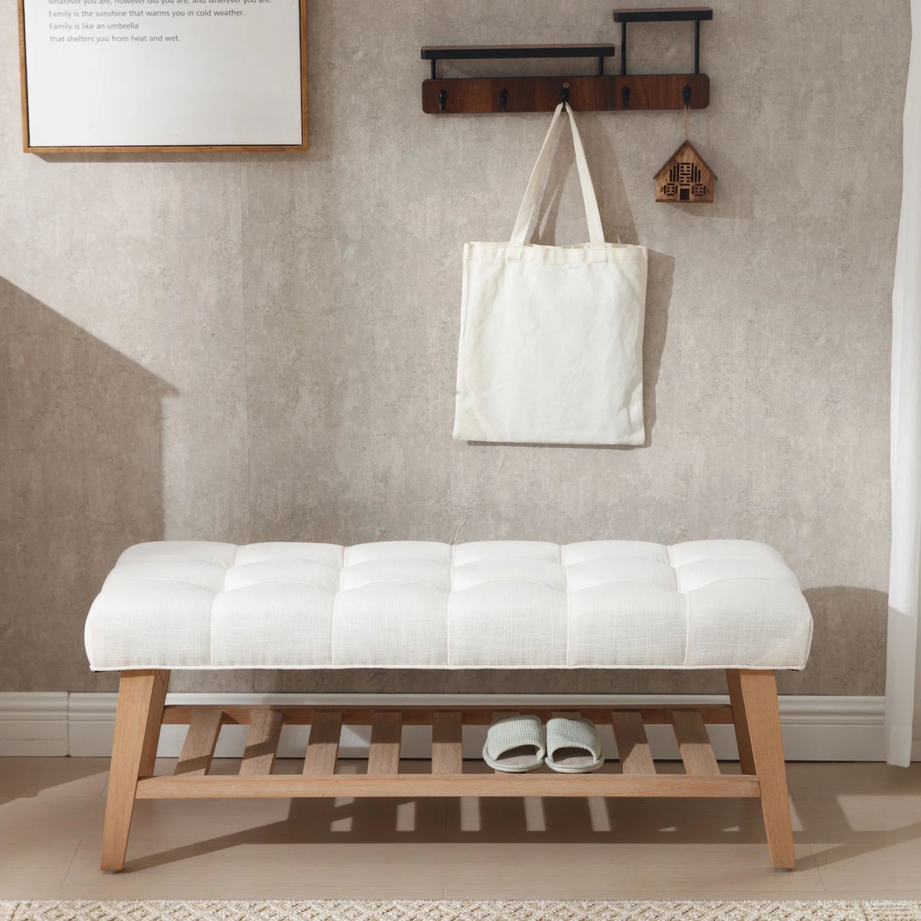 Dayalane Upholstered Storage Bench with Shoe Rack.Linen Fabric Entryway Bench for Living Room. Bedroom and Hallway. Multi Functional Ottoman with Solid Wood Shelf. Beige