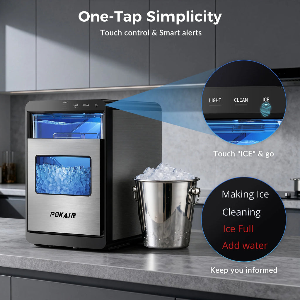 POKAIR Ice Maker. Nugget Ice Maker Portable Countertop 44lbs/Day. One-Touch Instant Ice & Self-Cleaning. Pebble Ice Machine for Home Office RV. Stainless Steel