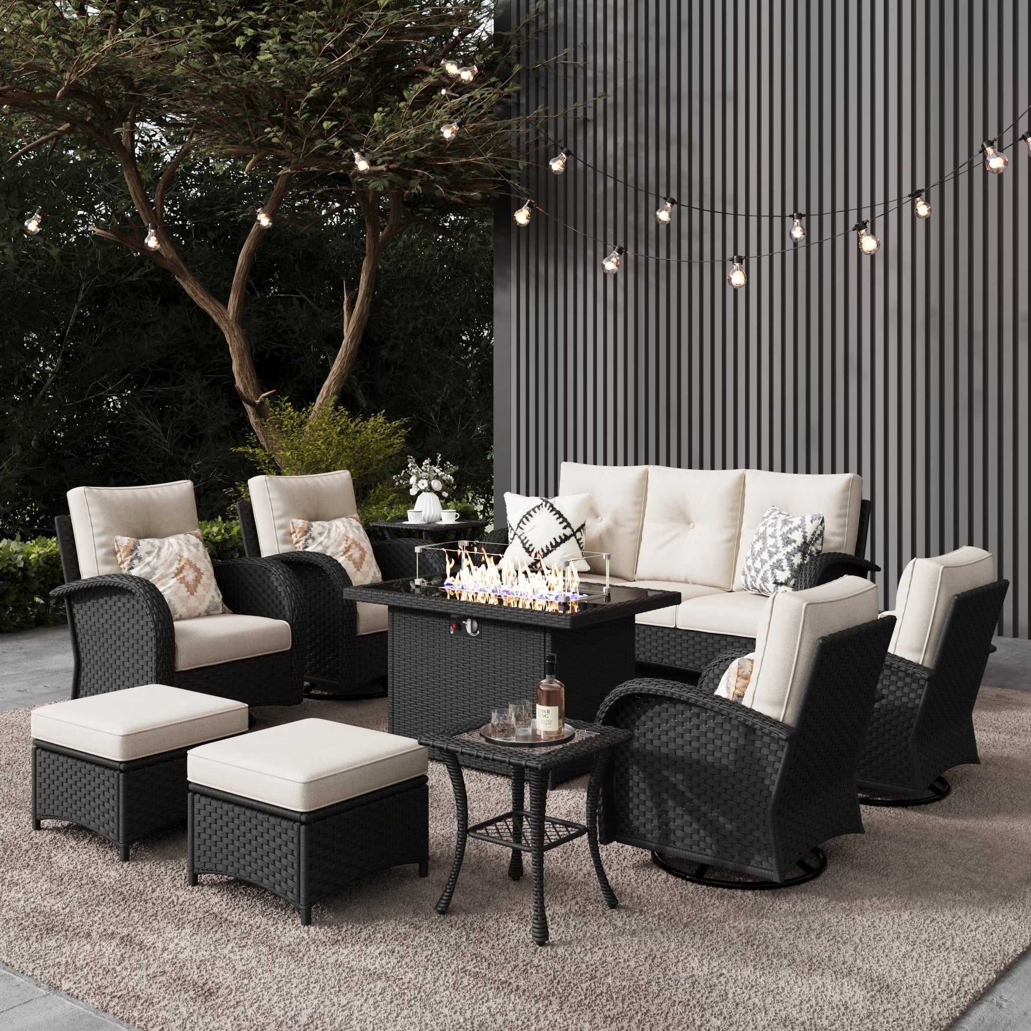 LayinSun 7 Pieces Outdoor Patio Furniture Set with Fire Pit Table. Rattan Wicker Sectional Swivel Rocker Chairs Sets