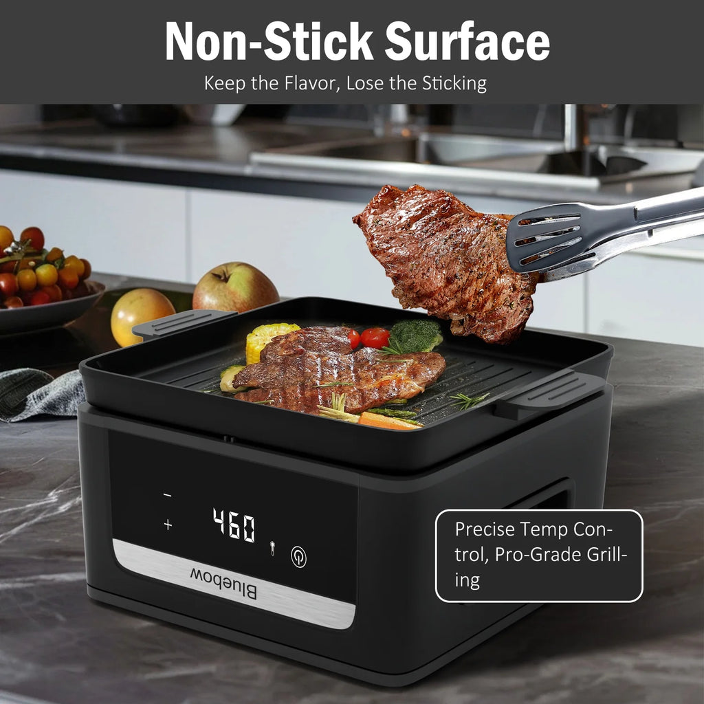 Bluebow 9QT  Air Fryer & Grill Pan Combo. Large Capacity. 8 Preset Functions. Non Toxic. Non-Stick. View Window. Black