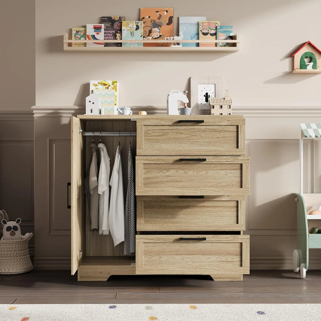 43.3 H Armoire Wardrobe Closet with 4 Drawers & Hanging Rod. Multifunctional Wood Storage Cabinet for Bedroom. Natural Oak