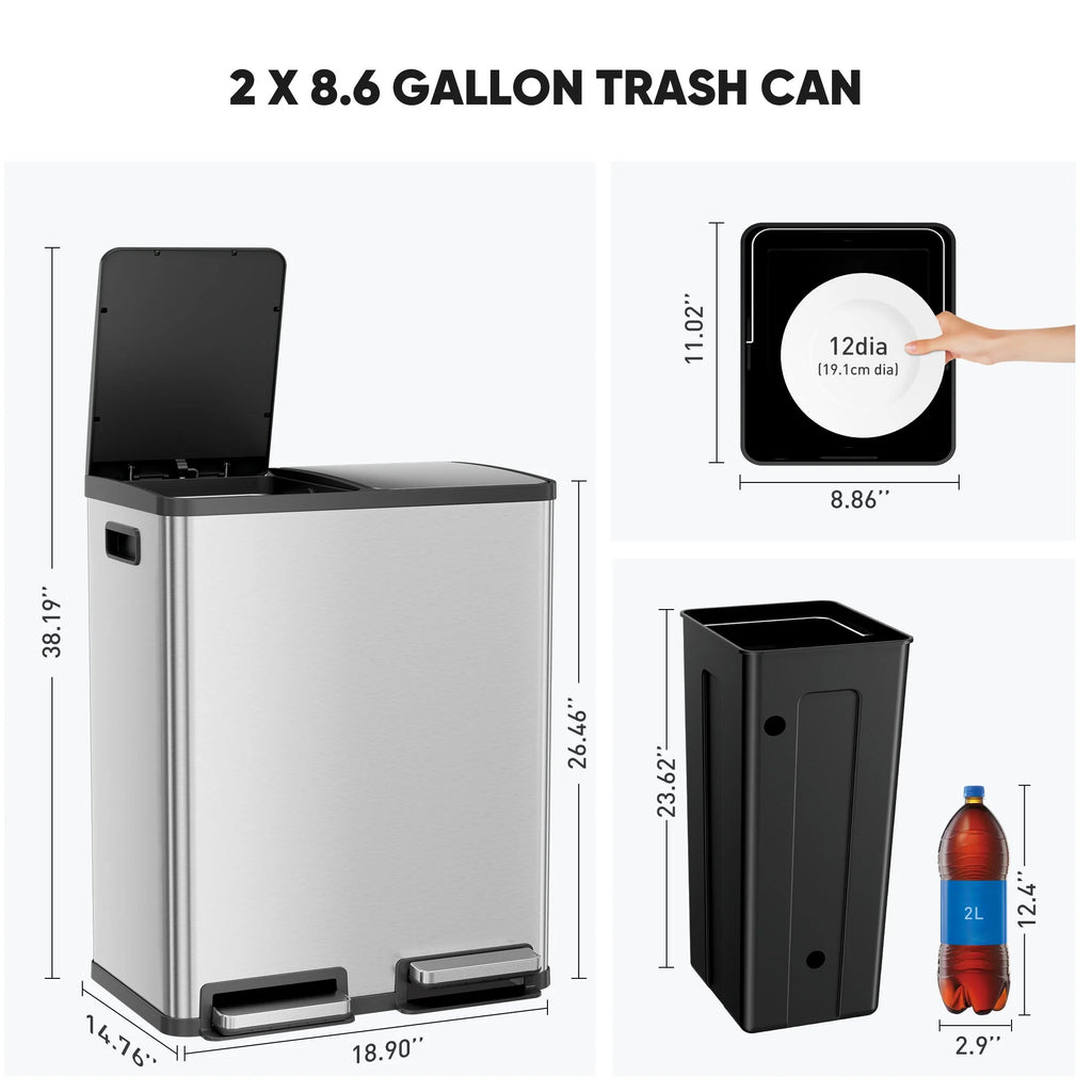 JOINSUN Trash Can. 2 x 8.3 Gallon Double Deck Trash Recycling Bin. Kitchen Bin. Silver