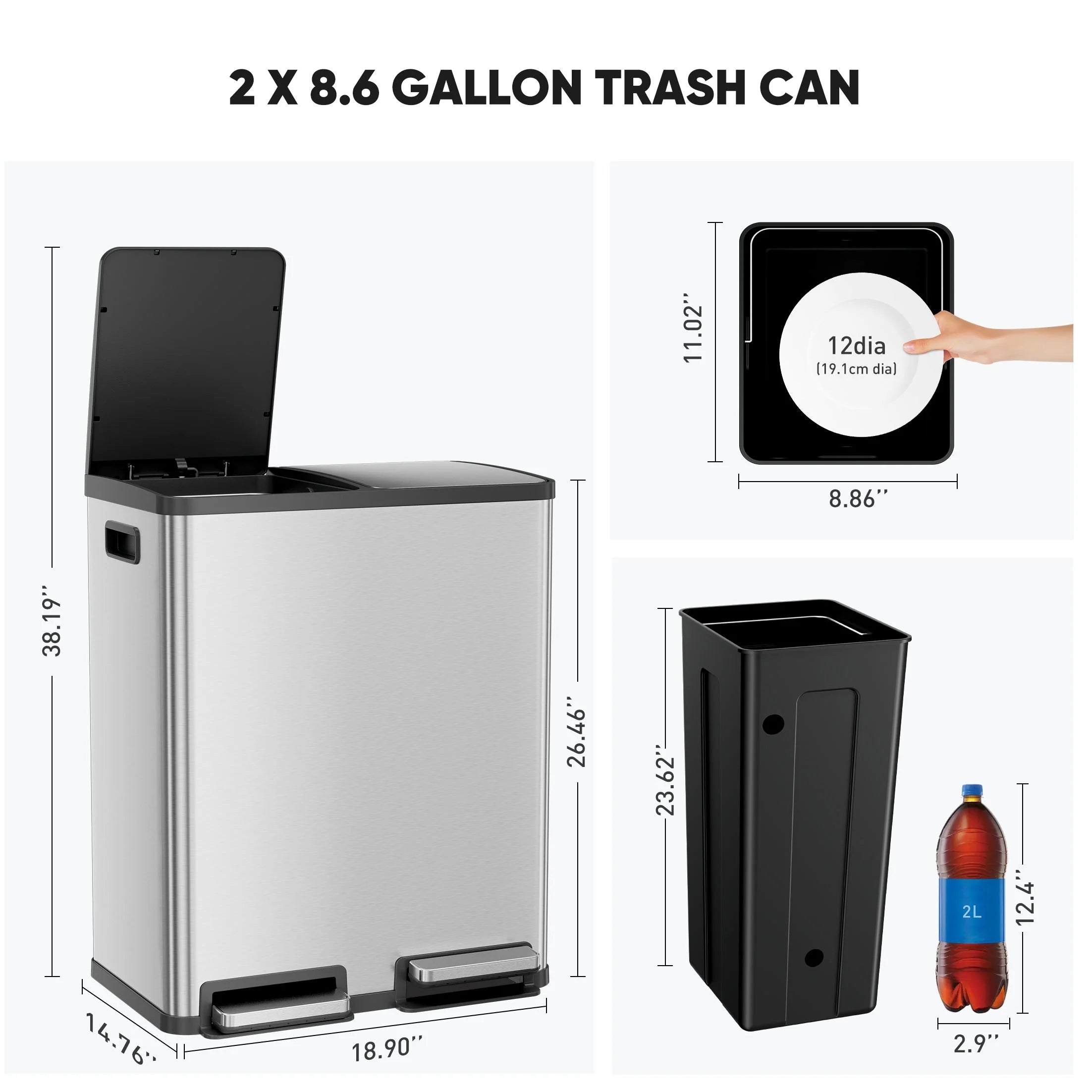 JOINSUN Trash Can. 2 x 8.3 Gallon Double Deck Trash Recycling Bin. Kitchen Bin. Silver