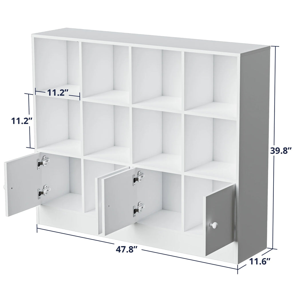 Cozy Castle 3-Tier Open Cube Bookcase with 12 Cubes and 4 Doors. Adjustable Shelves. White