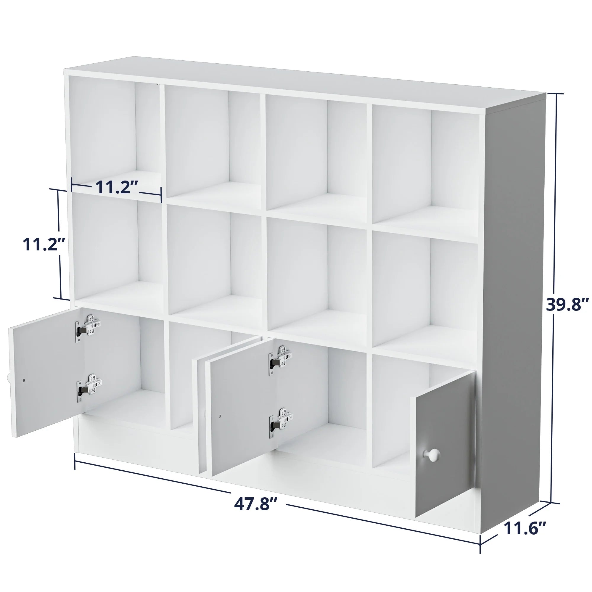 Cozy Castle 3-Tier Open Cube Bookcase with 12 Cubes and 4 Doors. Adjustable Shelves. White