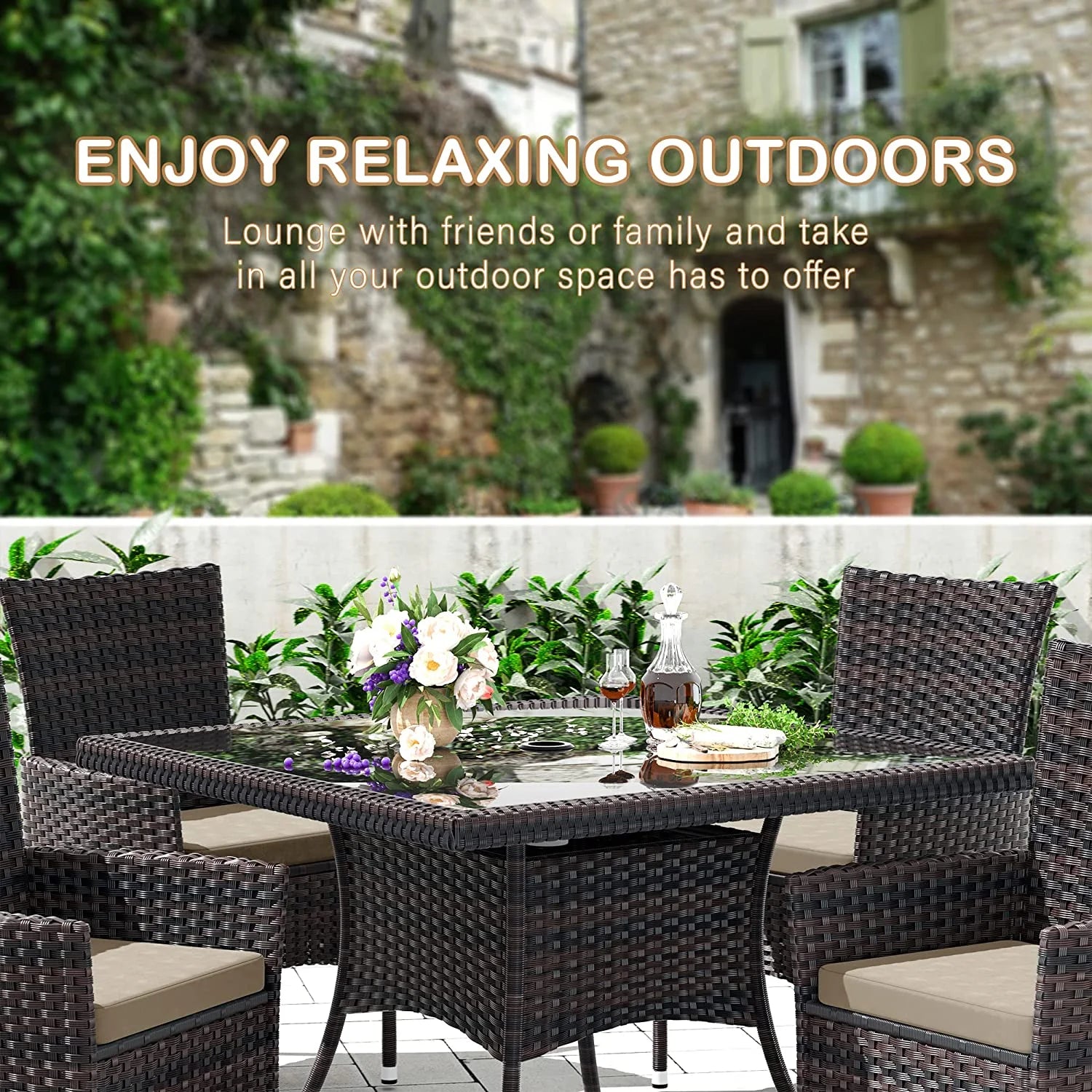 ALAULM 5 Pieces Patio Dining Set Outdoor Rattan Furniture with Square Glass Tabletop 4 Chairs with Cushions for Patio. Backyard Outdoor Kitchen Lawn & Garden Blue