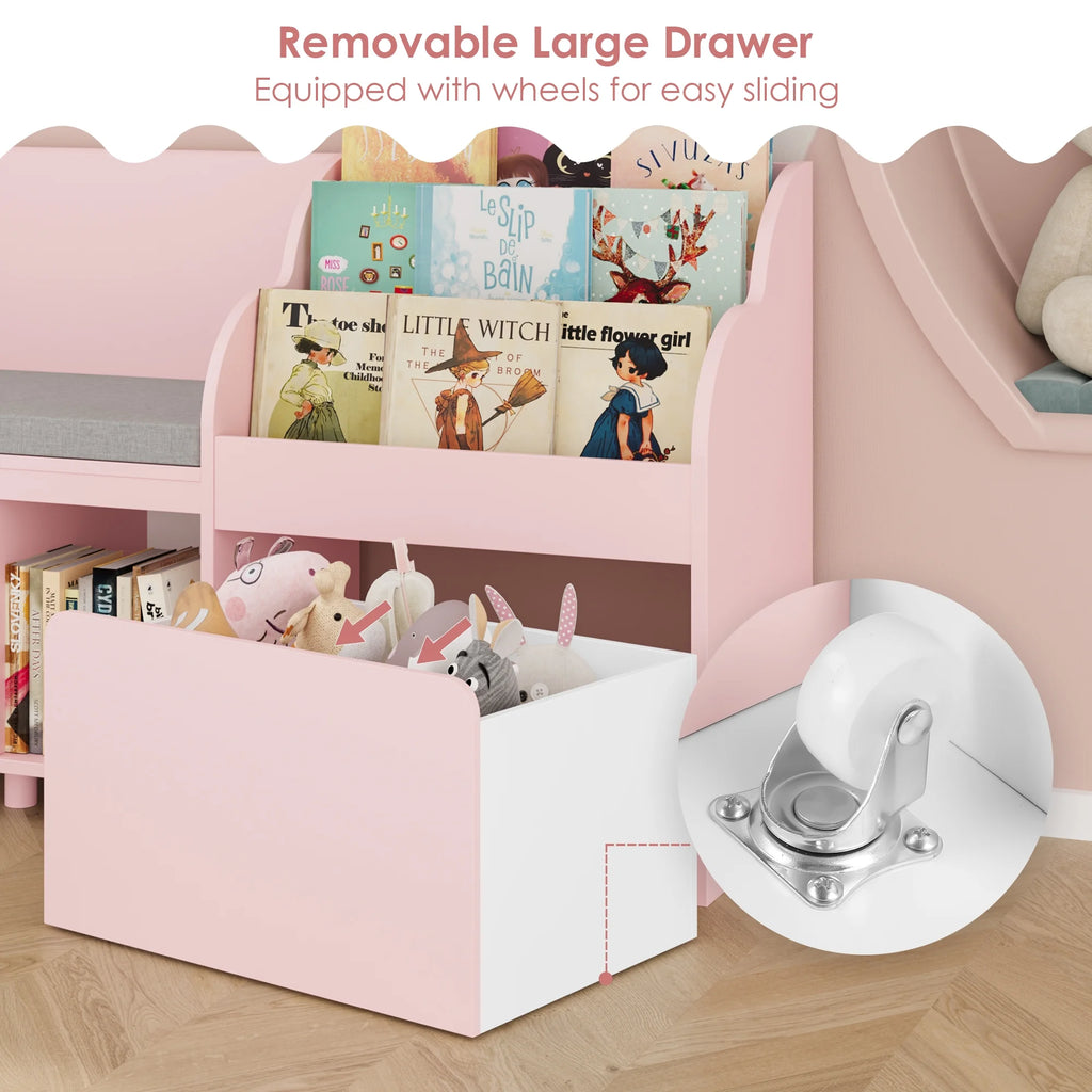 Homfa Kids Bookshelf with Reading Nook. 6 Shelf Bookcase with 1 Wood Toy Bin with 3 Tier Book Rack for Children Kidsroom