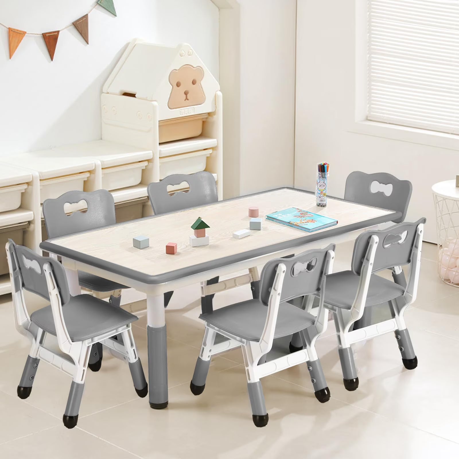 TROPOW Kids Table and Chairs.Height Adjustable Toddler Table and 6 Chair.Multi-Activity Table with Graffiti Desktop Non-Slip Legs for Ages 2-10.Children Activity Table for Daycare.Classroom.Blue
