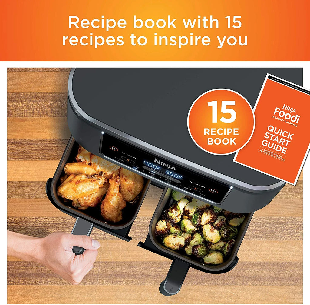 Restored Ninja DZ201 Foodi 6-in-1 2-Basket Air Fryer with DualZone Technology. 8-Quart Capacity. and a Dark Grey Stainless Finish (Refurbished)