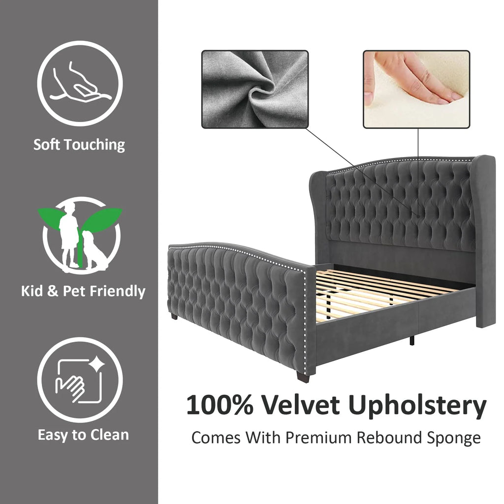 VANACC Queen Size Bed Frame. Velvet Upholstered Bed with Deep Button Tufted Wingback Headboard��Grey