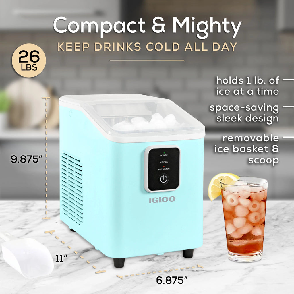 Igloo Self-Cleaning Countertop Ice Maker - Compact and Portable - Creates 26 lbs. Per Day. 8 Pieces Ready Every 7-8 Minutes - Includes Ice Scoop and Basket - Aqua