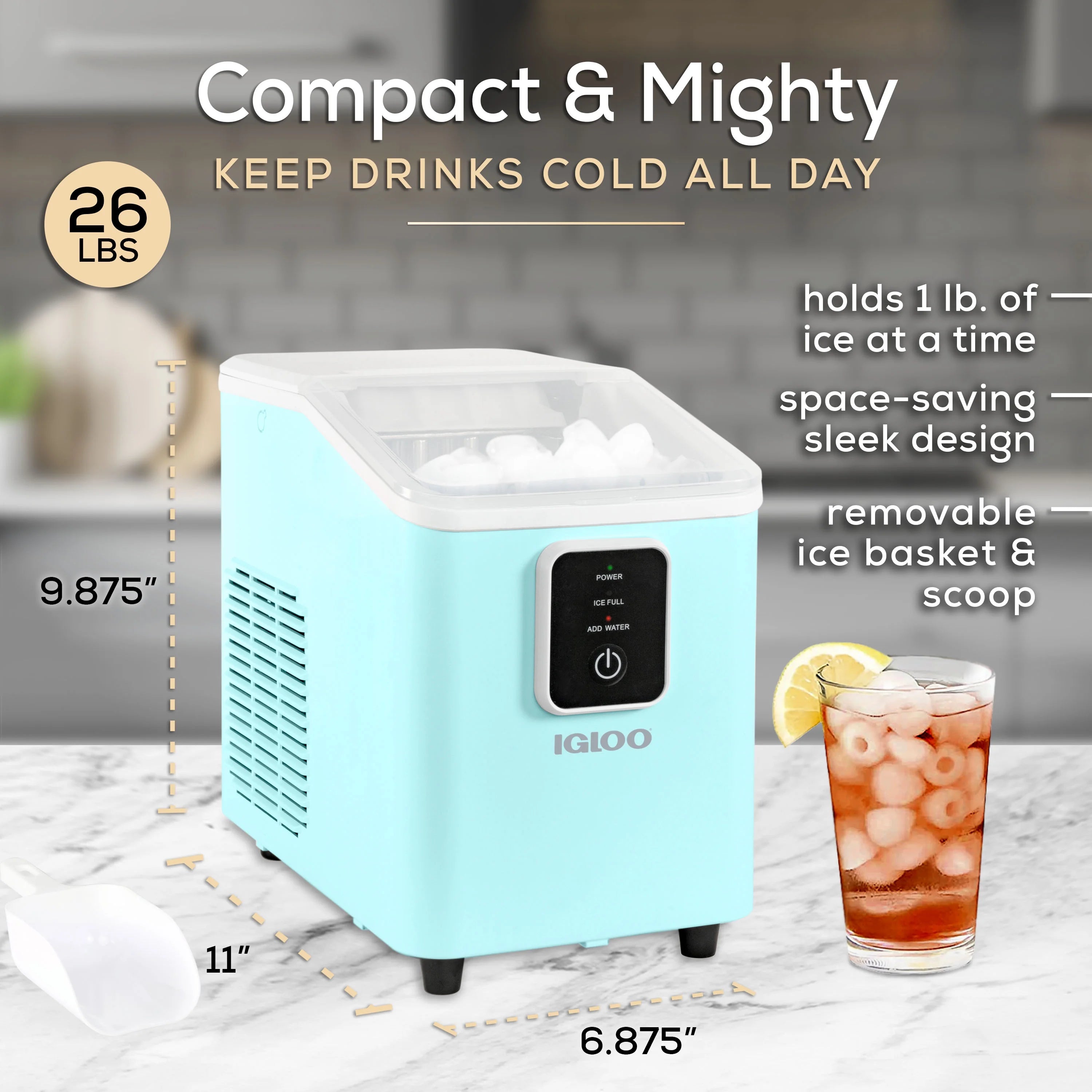 Igloo Self-Cleaning Countertop Ice Maker - Compact and Portable - Creates 26 lbs. Per Day. 8 Pieces Ready Every 7-8 Minutes - Includes Ice Scoop and Basket - Aqua