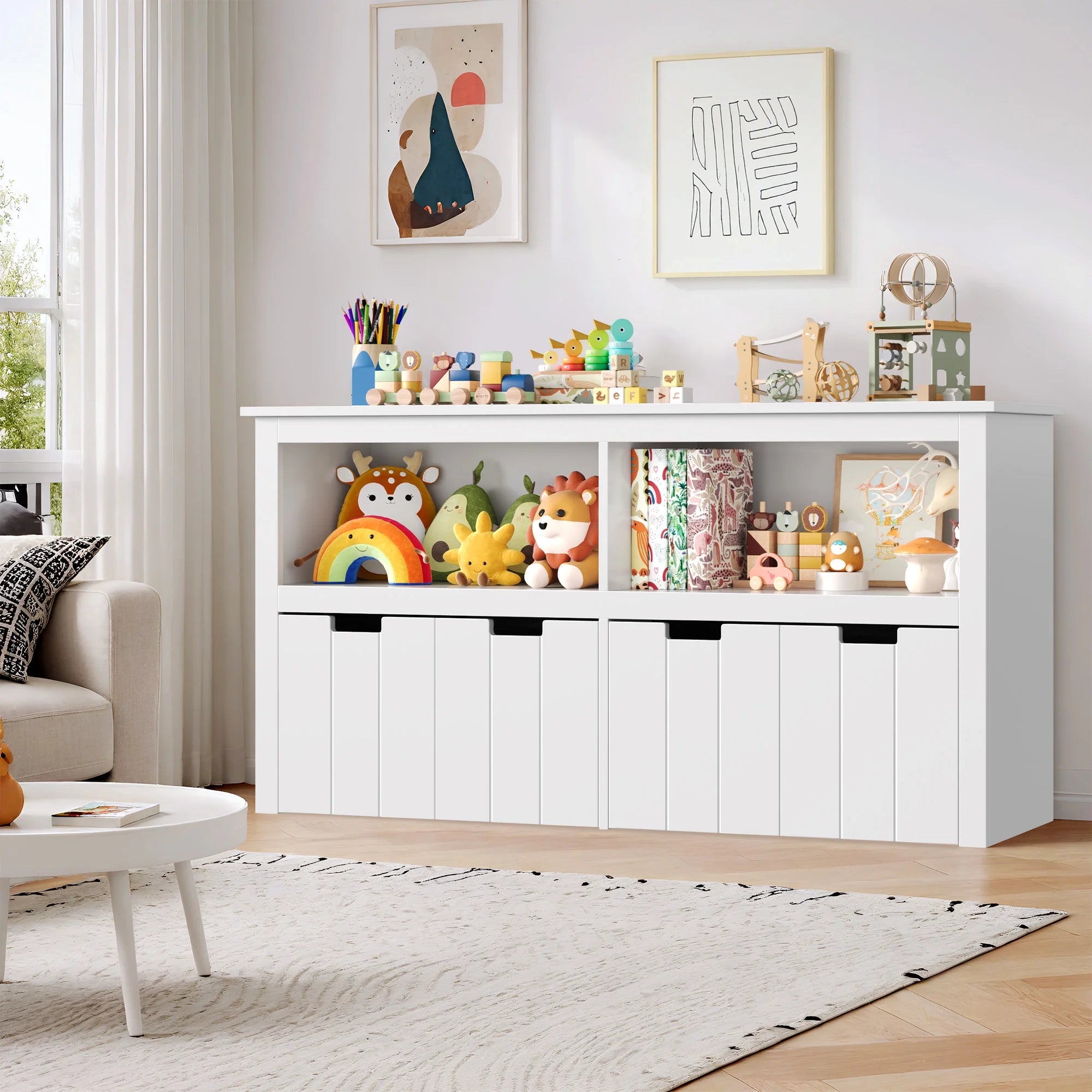 Homfa Kids Toy Storage with 4 Drawers. Cubes Storage Bin with Shelves and Wheels for Kids Living Room. White
