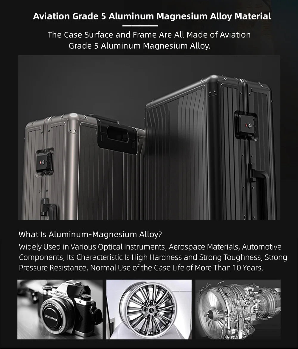All Aluminum Magnesium Hardshell Carry on Luggage with Wheels. Modern Zipperless Hardshell Checked Luggage with TSA Lock. Airline Approved Metal Suitcase Travel Metal Rolling Luggage