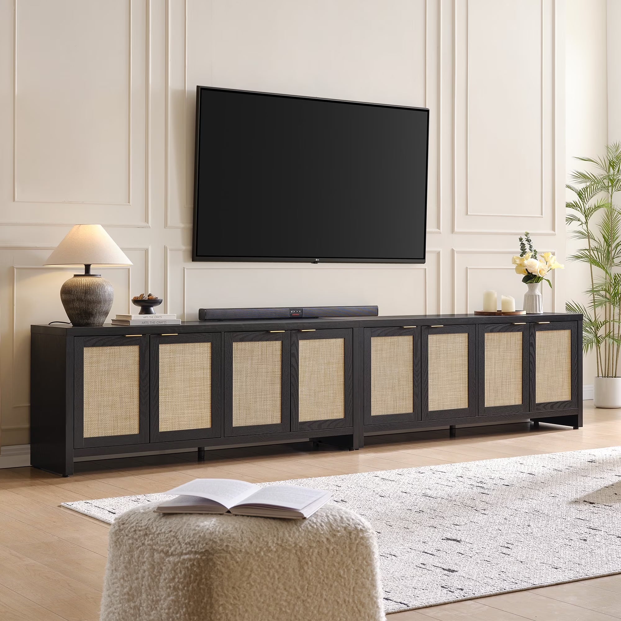 SICOTAS 61.5W Rattan TV Stand with 4 Doors. Boho Entertainment Center with Adjustable Shelves & Spacious Countertop �C Large Boho Farmhouse Media Console for Living Room. Reclaimed Caramel Oak