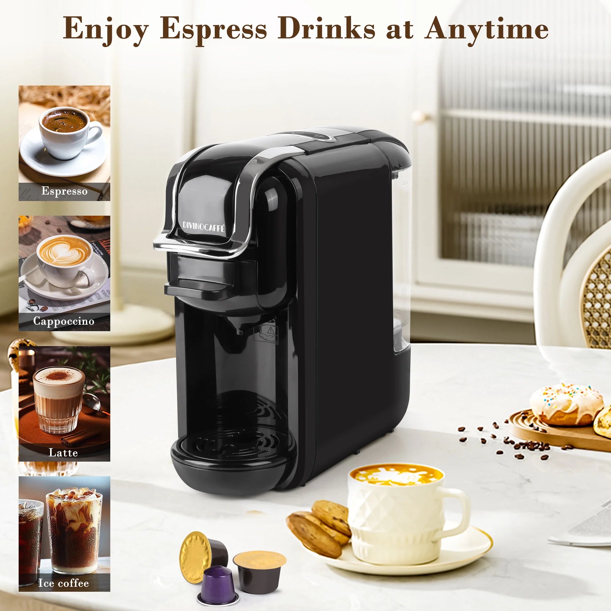 Espresso Maker for Nespresso Capsule. Lavazza Blue Capsule & Coffee Powder. 19 Bar Pump Pressure Makes Authentic Espresso Coffee. Mini Espresso Coffee Machines with Removable Water Tank.