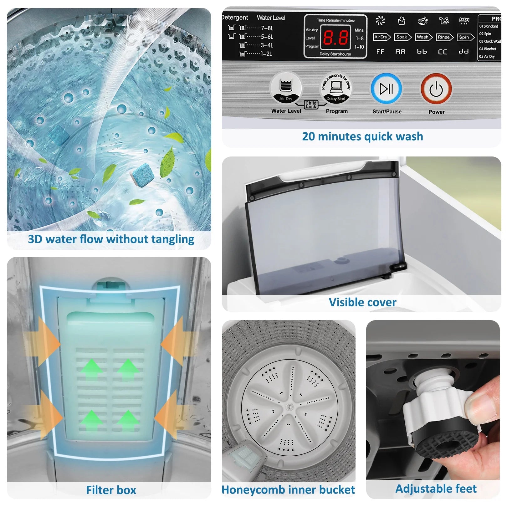 Qhomic Portable Washing Machine. 17.8lbs Large Fully-Automatic Laundry Washer. 10 Washing Programs & 8 Water Levels Selections Machine Ideal for Apartments Dorms Families