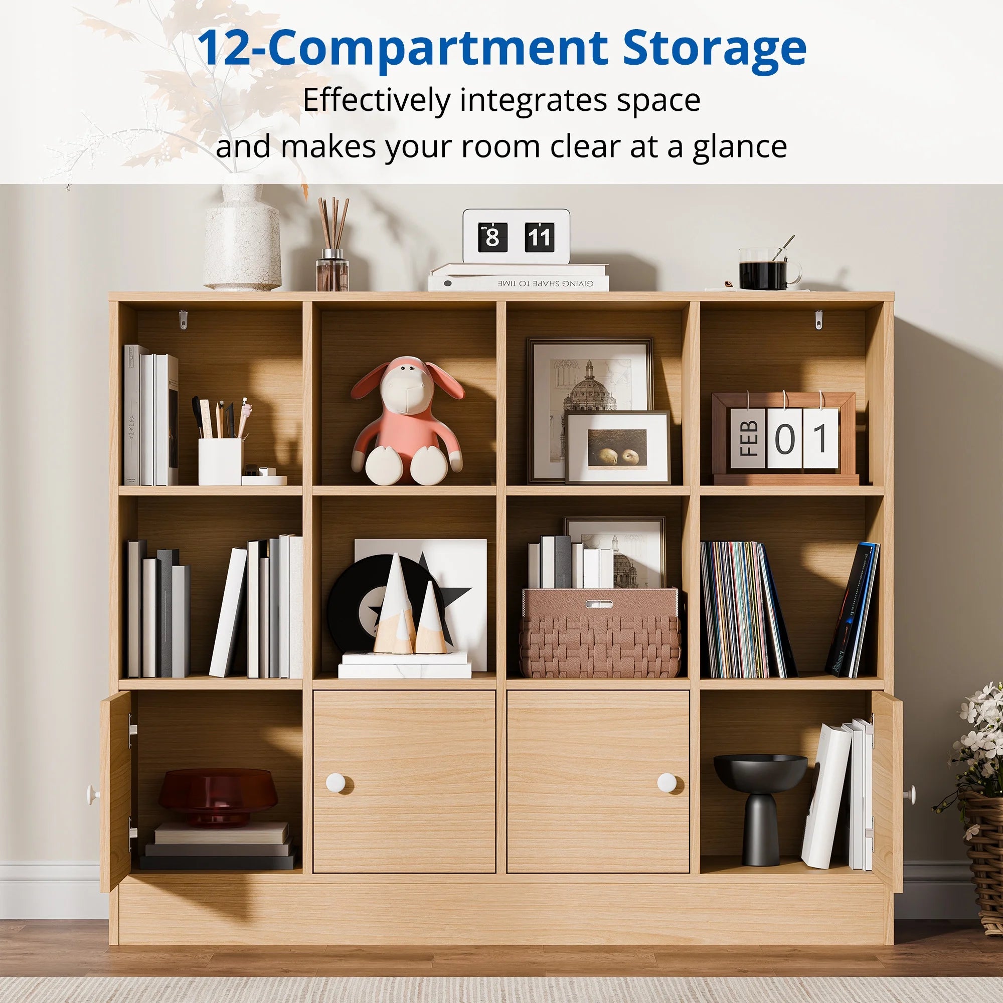Cozy Castle 3-Tier Open Cube Bookcase with 12 Cubes and 4 Doors. Adjustable Shelves. White