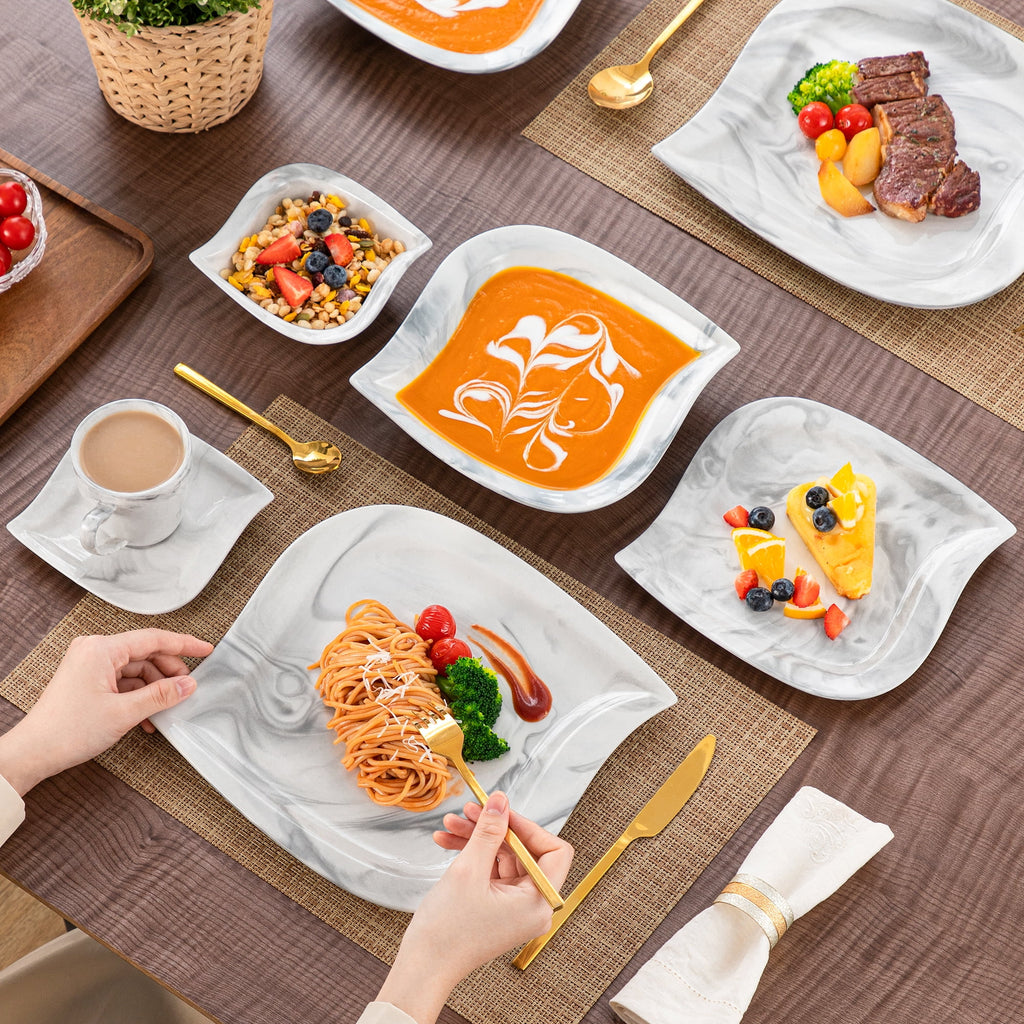 vancasso 36 pcs Dinnerware Sets. Plates and Bowls Set for 6. Porcelain Dinner Set. Marble Gray