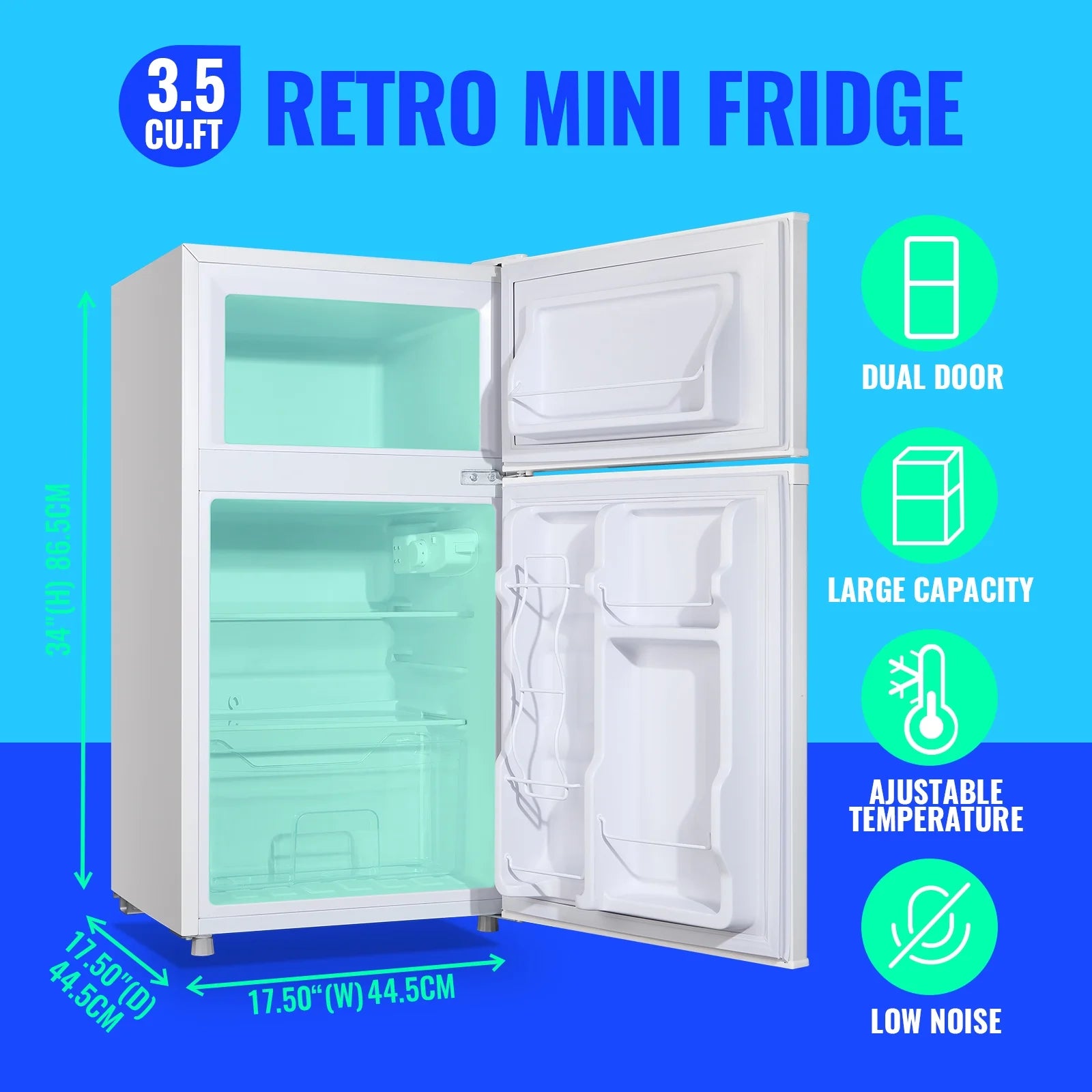 Tacool 3.5 Cu.ft Retro Mini Fridge with Freezer. 2 Door Small Refrigerator with 7 Adjustable Thermostat for Home. Blue