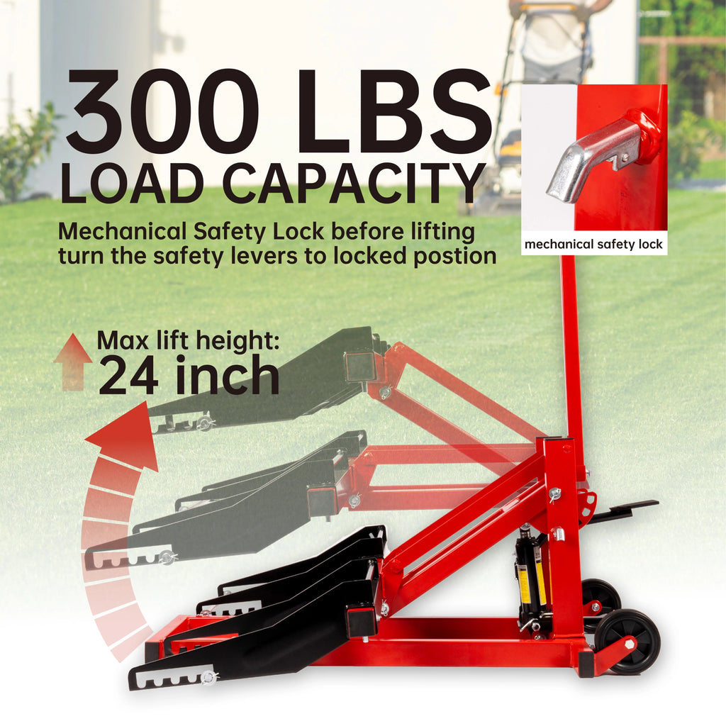 300lb Capacity. Adjustable Riding Lift Jack Heavy Duty Construction with Safety Lock. Non-Slip Wheels&Handle for Tractors. Atvs and Zero Turn Lawn Mowers