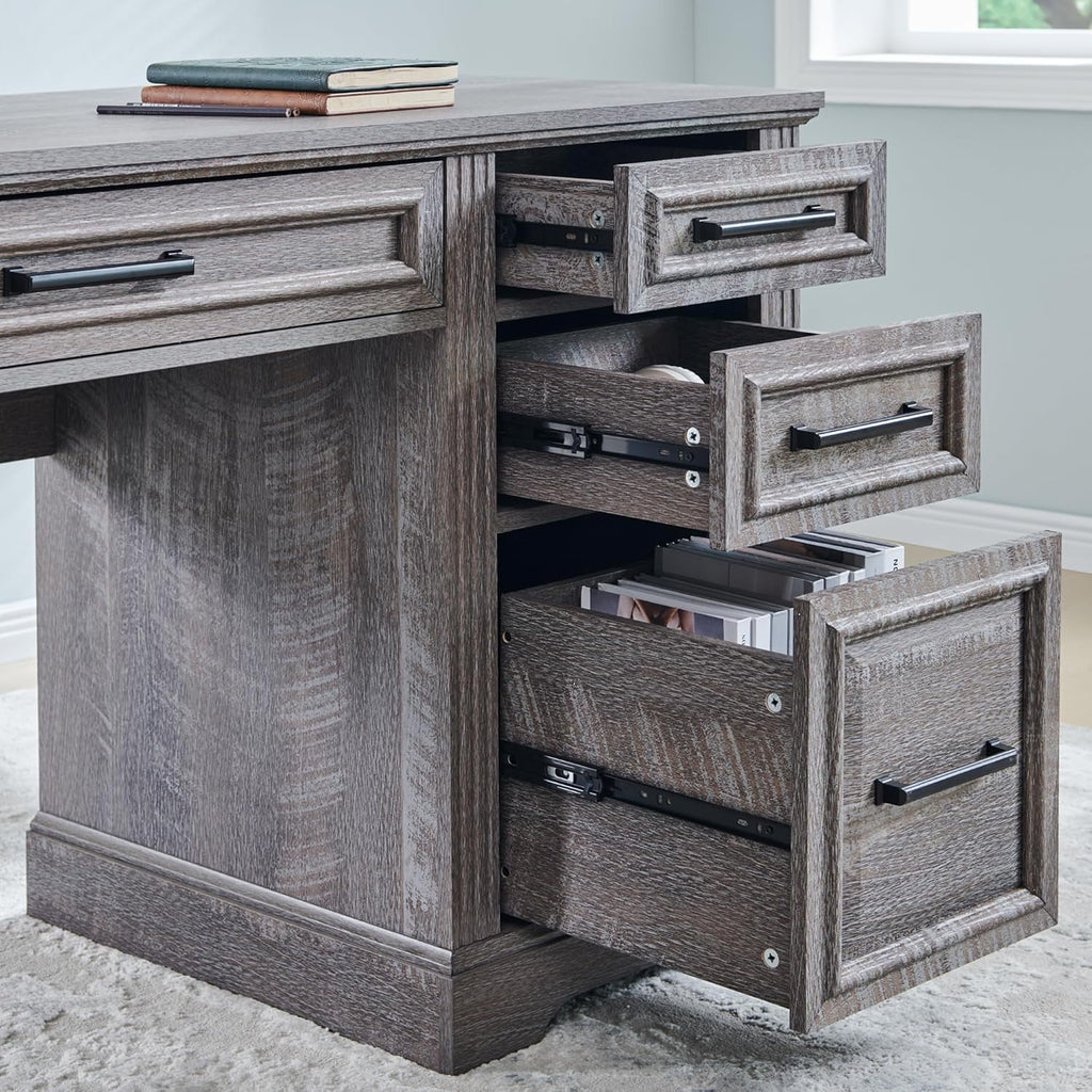 T4TREAM Farmhouse Wood 58 Executive Desk. Home Office 30 High Computer Desk with Drawers and Storage Cabinet. White