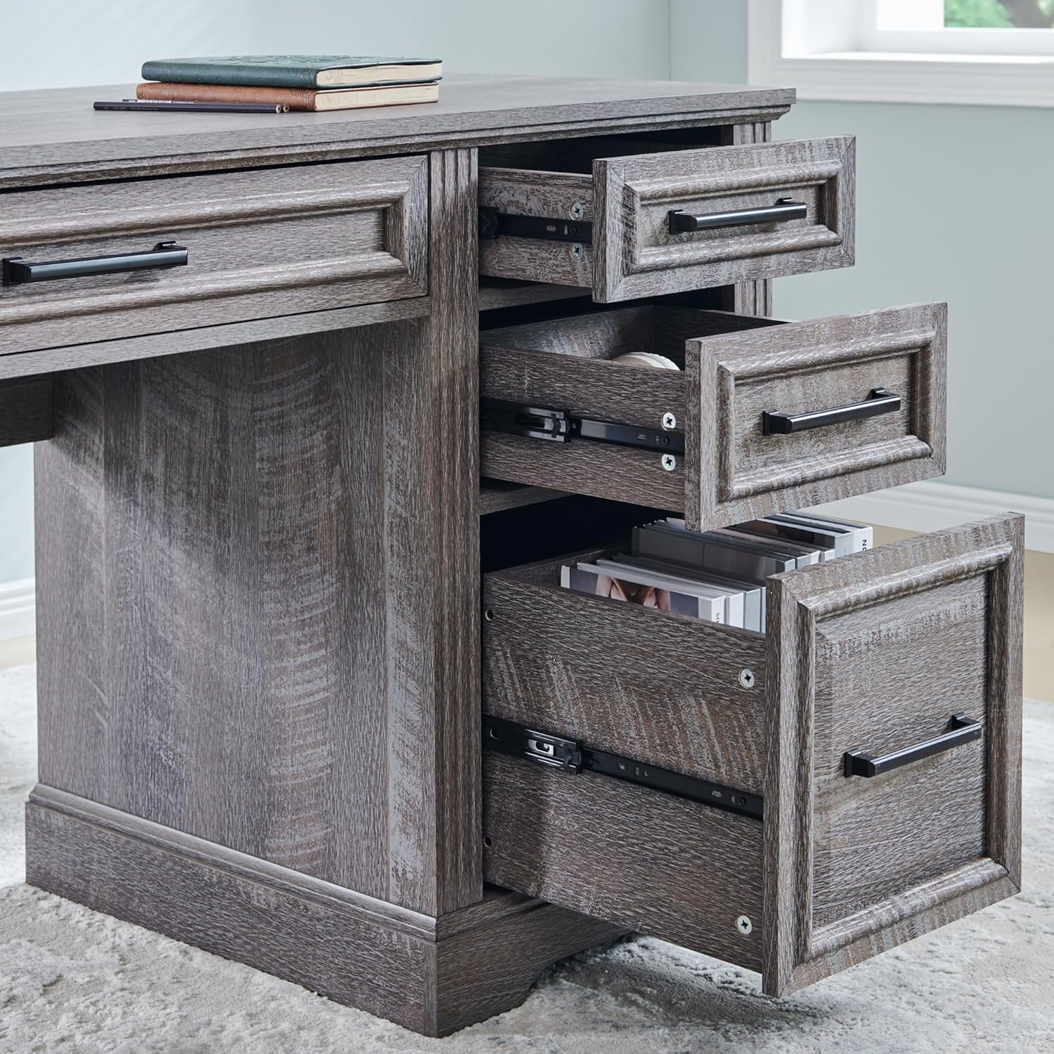 T4TREAM Farmhouse Wood 58 Executive Desk. Home Office 30 High Computer Desk with Drawers and Storage Cabinet. White