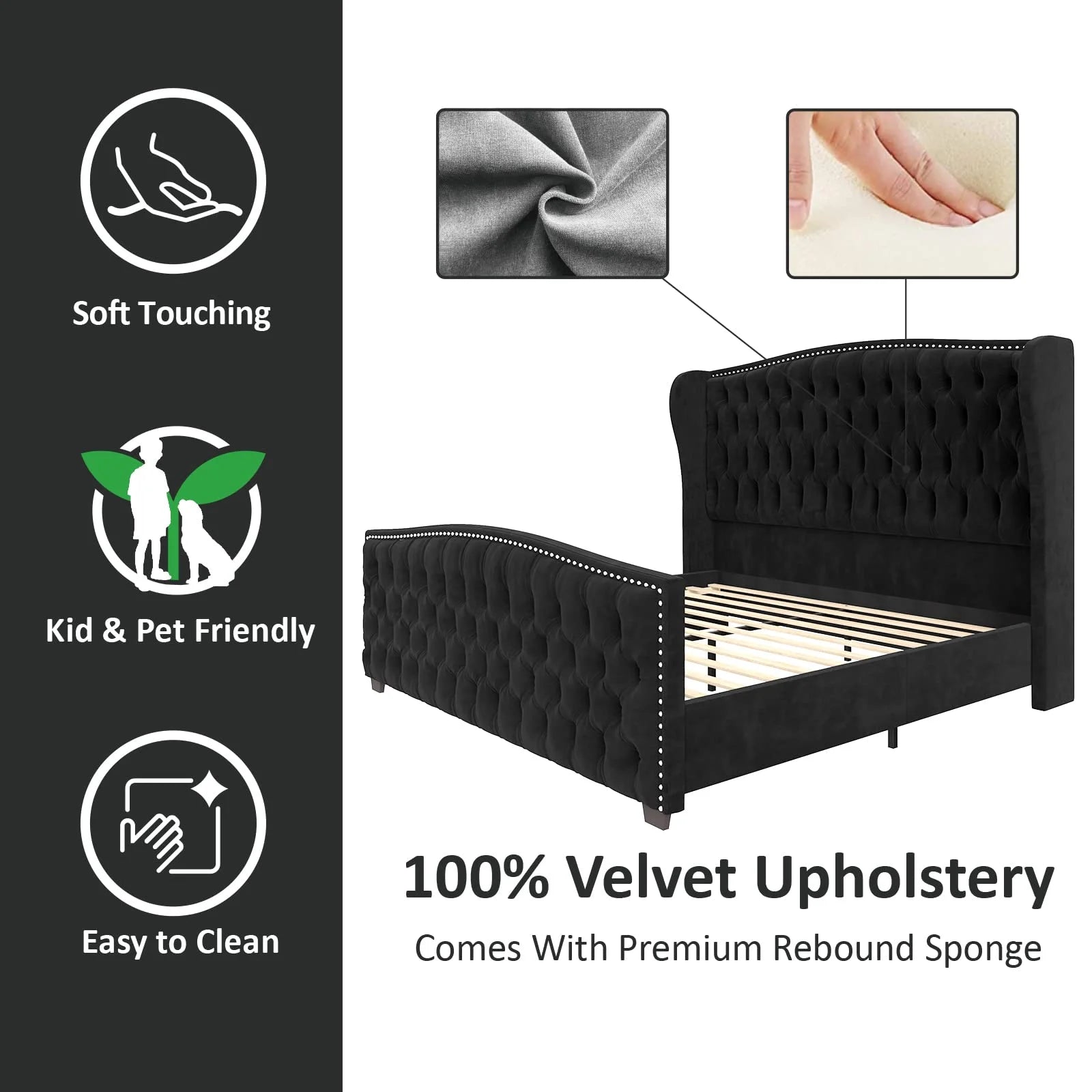 VANACC Queen Size Bed Frame. Velvet Upholstered Bed with Deep Button Tufted Wingback Headboard��Grey