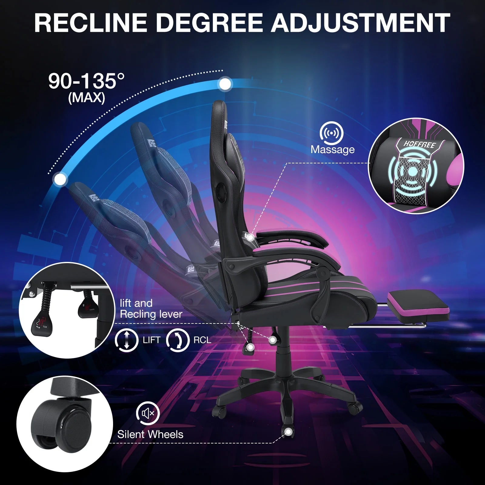 HOFFREE Big and Tall Gaming Chair with Speakers and RGB Lights. Gamer Chair with Footrest. Lumbar Support Height Adjustable 360-Swivel Seat and Headrest for Adults. 400lbs