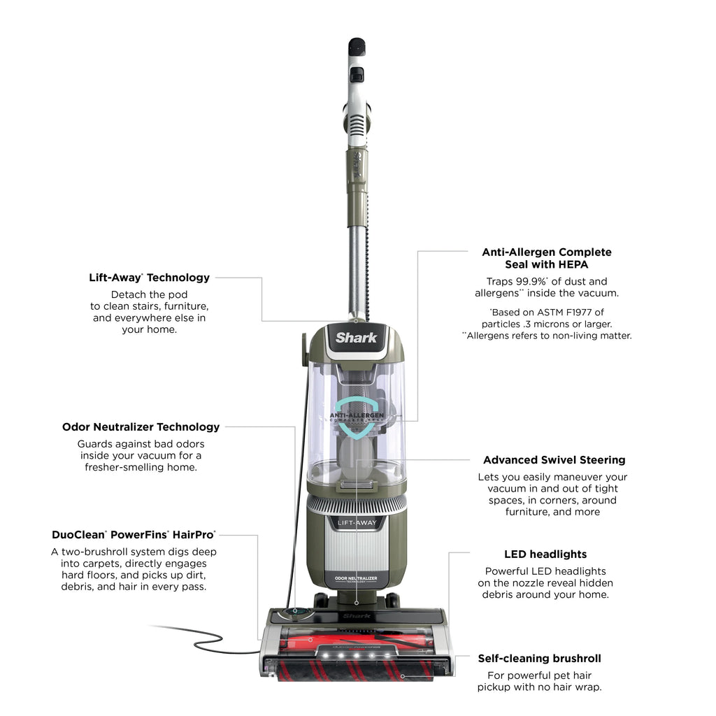 Shark Upright Vacuum. Rotator Pet Lift-Away ADV. Pet Friendly. Bagless. DuoClean PowerFins HairPro Brushroll. HEPA Filter. Hard Floor and Carpet. Swivel Steering. LED Lights. LA700. Sage