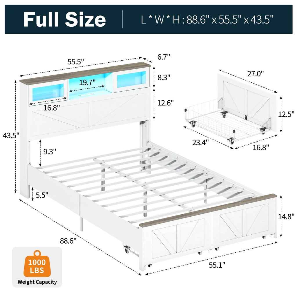 Full Size Bed Frame with Headboard. Full Bed Frame with Charging Station. LED Beds with 2 Storage Drawers.  Wood Farmhouse Bedframe. White