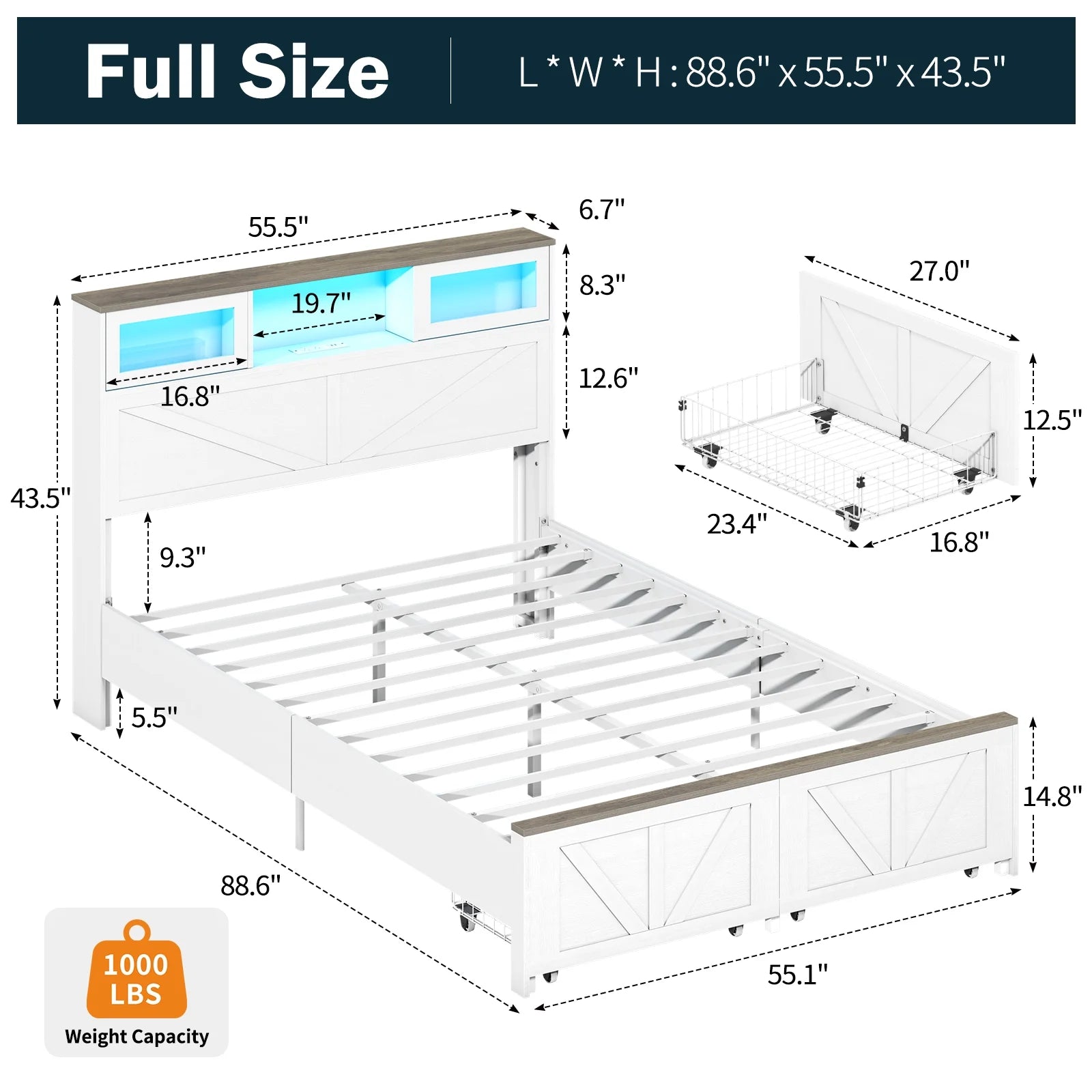 Full Size Bed Frame with Headboard. Full Bed Frame with Charging Station. LED Beds with 2 Storage Drawers.  Wood Farmhouse Bedframe. White