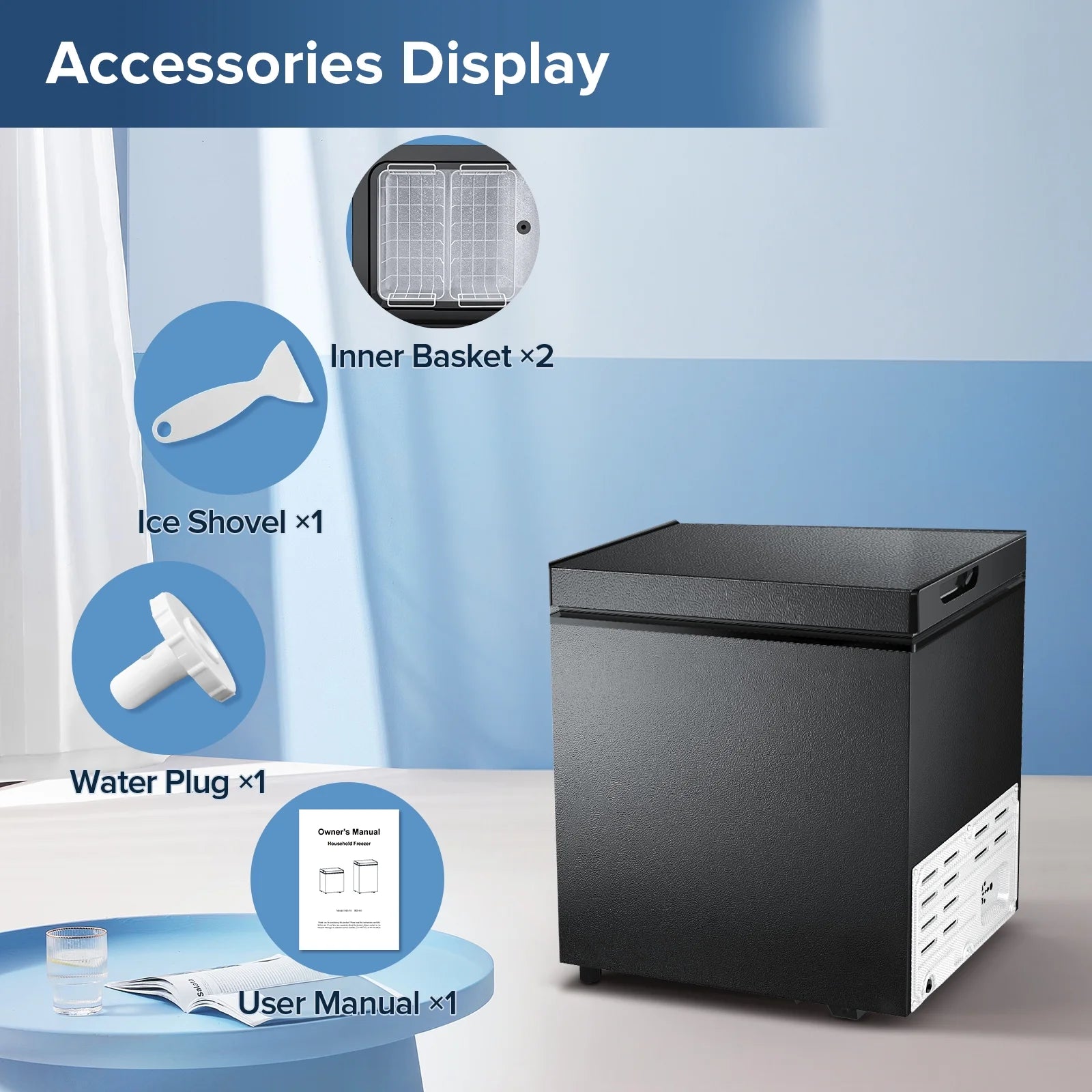 Auseo 8.7 cu. ft. Chest Deep Freezer with Adjustable Temperature. Free Standing Top Open Door Compact Freezer with 3 Removable Basket for Kitchen. Home. Bar. Garage. Office