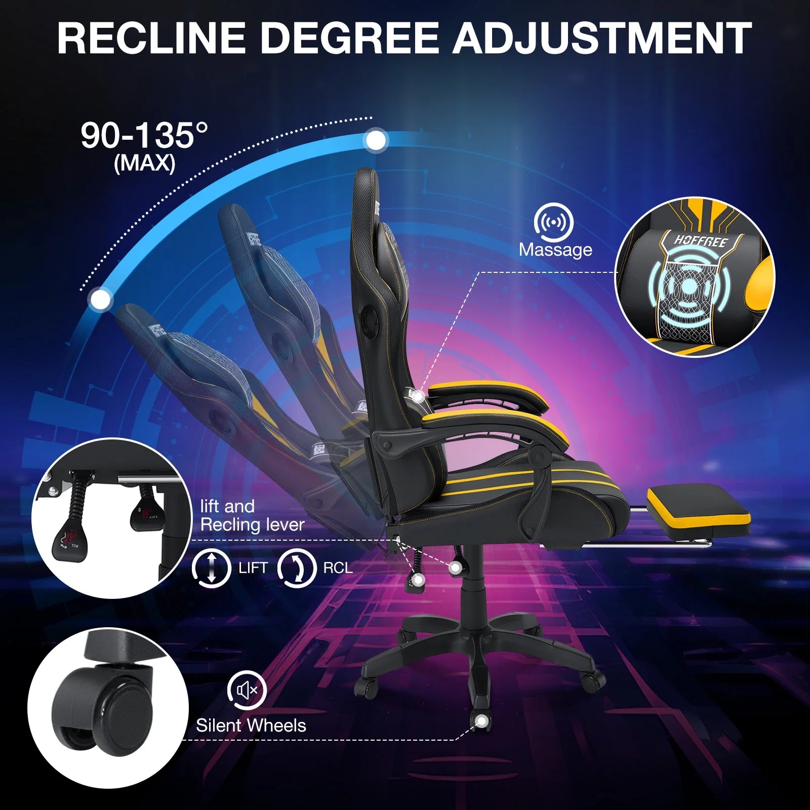 HOFFREE Big and Tall Gaming Chair with Speakers and RGB Lights. Gamer Chair with Footrest. Lumbar Support Height Adjustable 360-Swivel Seat and Headrest for Adults. 400lbs