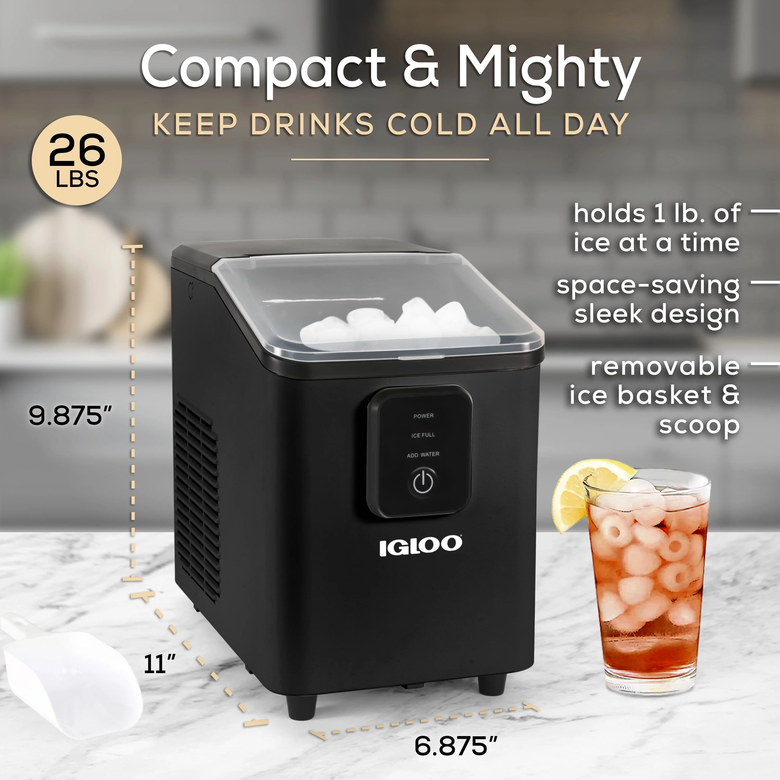 Igloo Self-Cleaning Countertop Ice Maker - Compact and Portable - Creates 26 lbs. Per Day. 8 Pieces Ready Every 7-8 Minutes - Includes Ice Scoop and Basket - Aqua