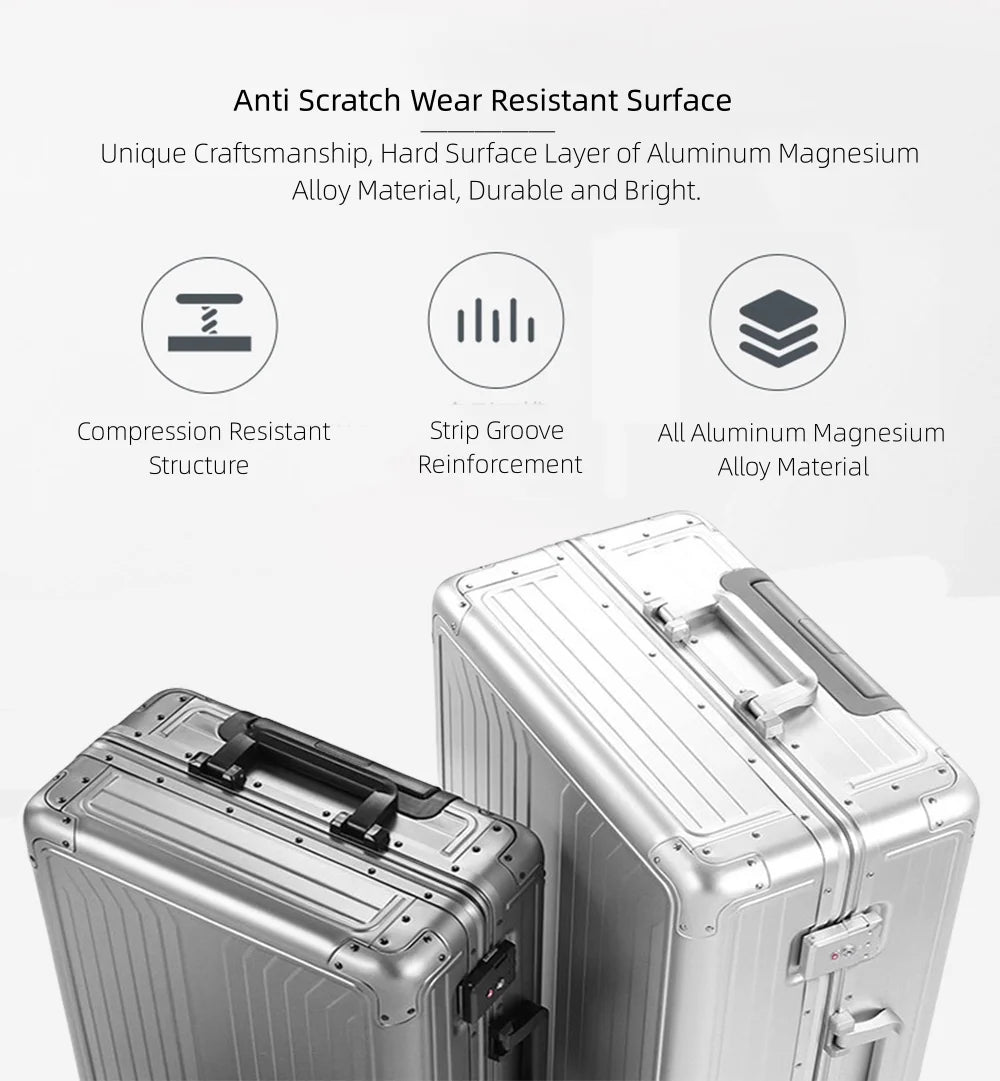 All Aluminum Magnesium Hardshell Carry on Luggage with Wheels. Modern Zipperless Hardshell Checked Luggage with TSA Lock. Airline Approved Metal Suitcase Travel Metal Rolling Luggage