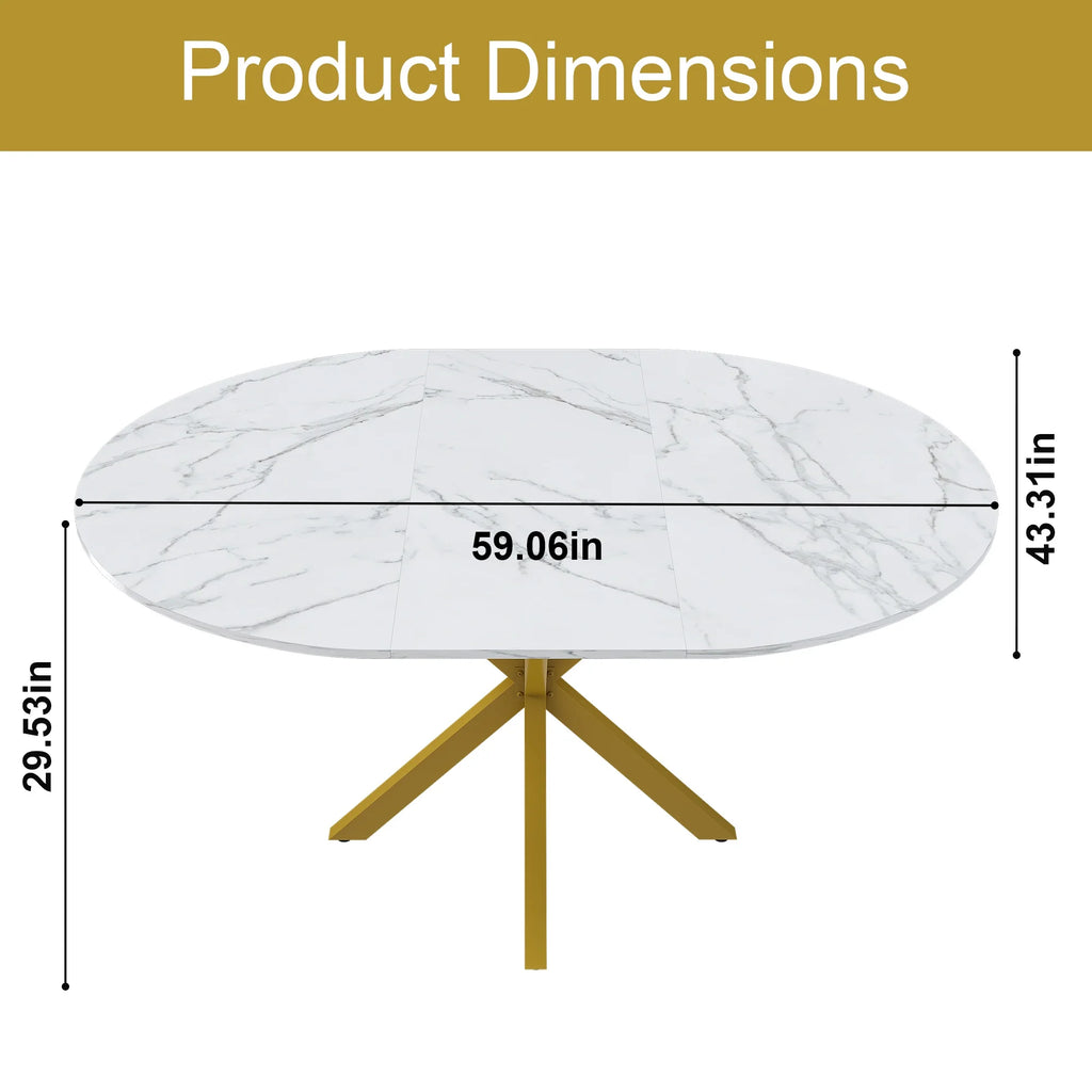 UHOMEPRO Extendable Dining Table with Extendable Blades. Modern Round Kitchen Table with Faux Marble Tabletop. Single Dining Room Table with Carbon Steel X-shaped Base for Dining Room. White+Gold